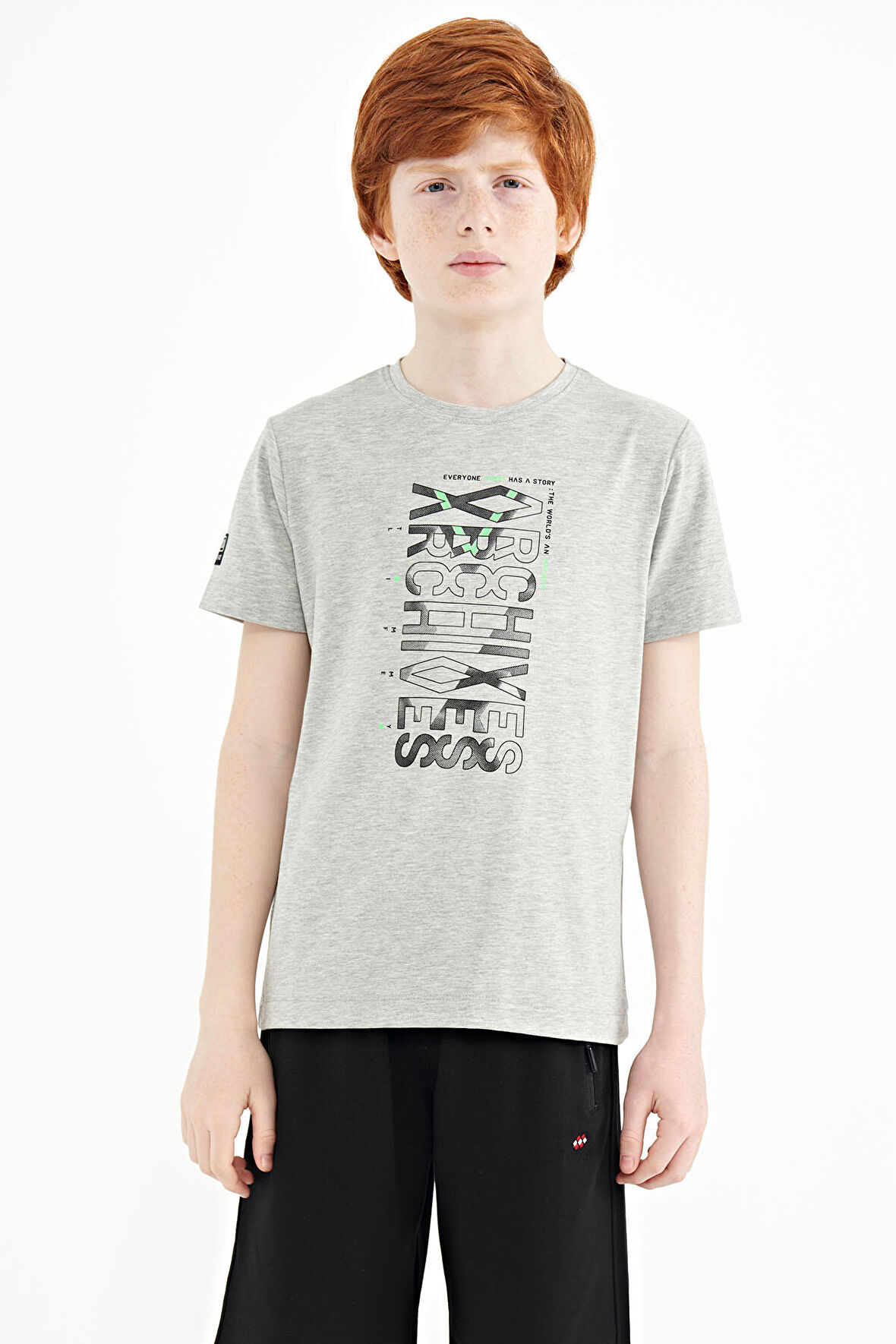 Gri Melanj Ön Baskı Detaylı O Yaka Standart Kalıp Erkek Çocuk T-Shirt - 11099