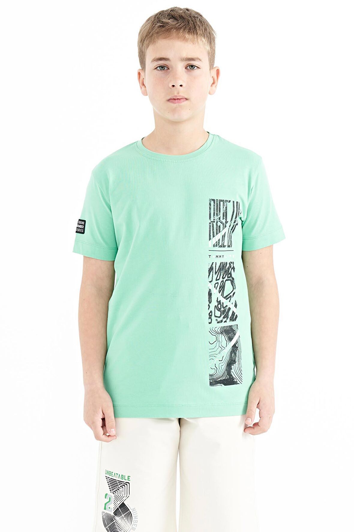 Su Yeşili Baskı Detaylı O Yaka Standart Kalıp Erkek Çocuk T-Shirt - 11104 | 12-13