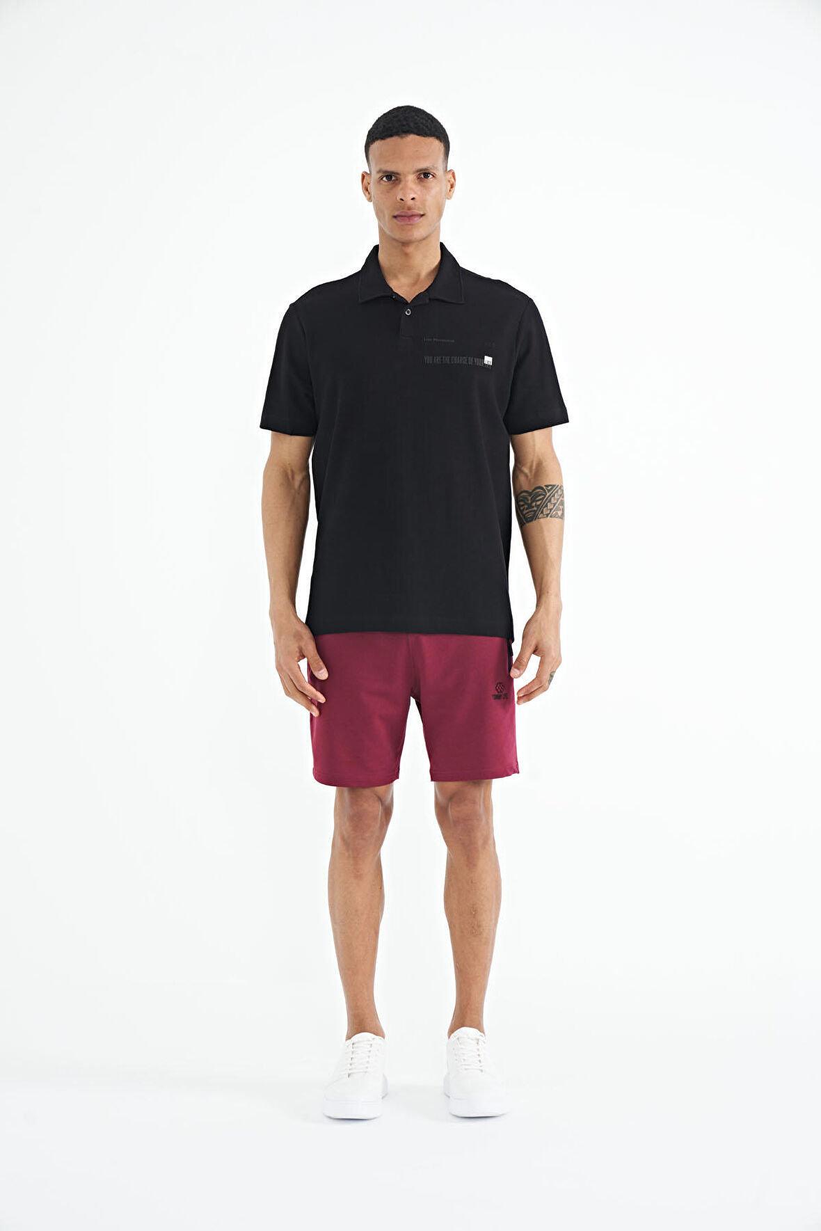 Siyah Yazı Baskılı Standart Form Polo Yaka Erkek T-shirt - 88236 | XXL