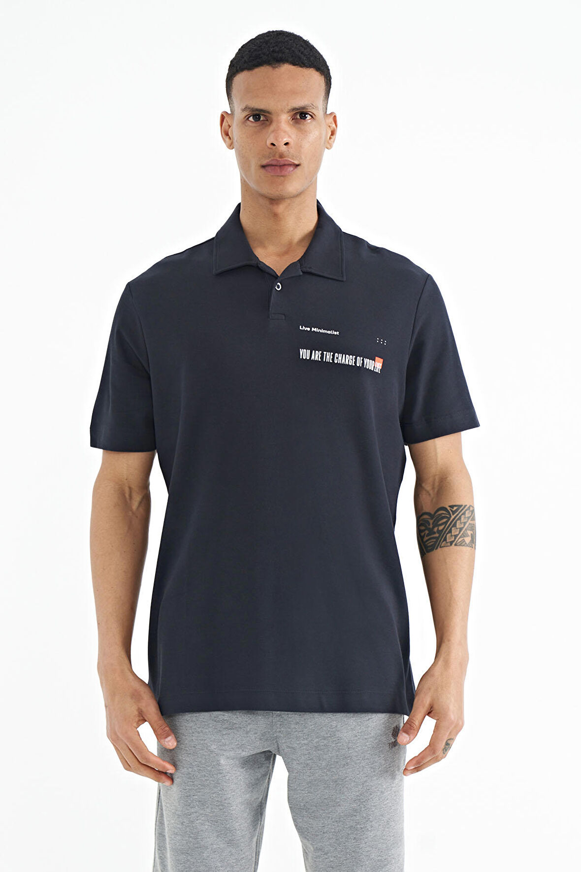 Lacivert Yazı Baskılı Standart Form Polo Yaka Erkek T-shirt - 88236 | S