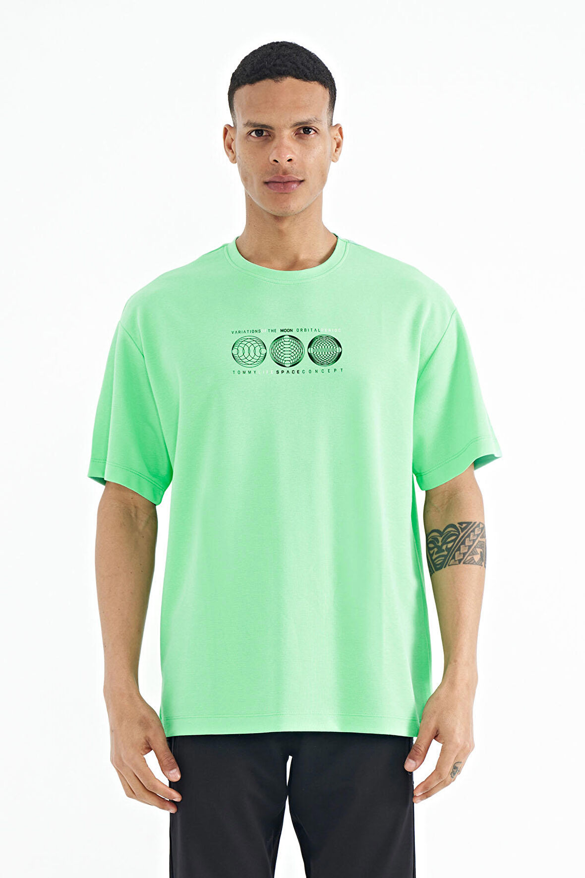 Su Yeşili Ön Arka Baskılı O Yaka Oversize Erkek T-shirt - 88224 | S