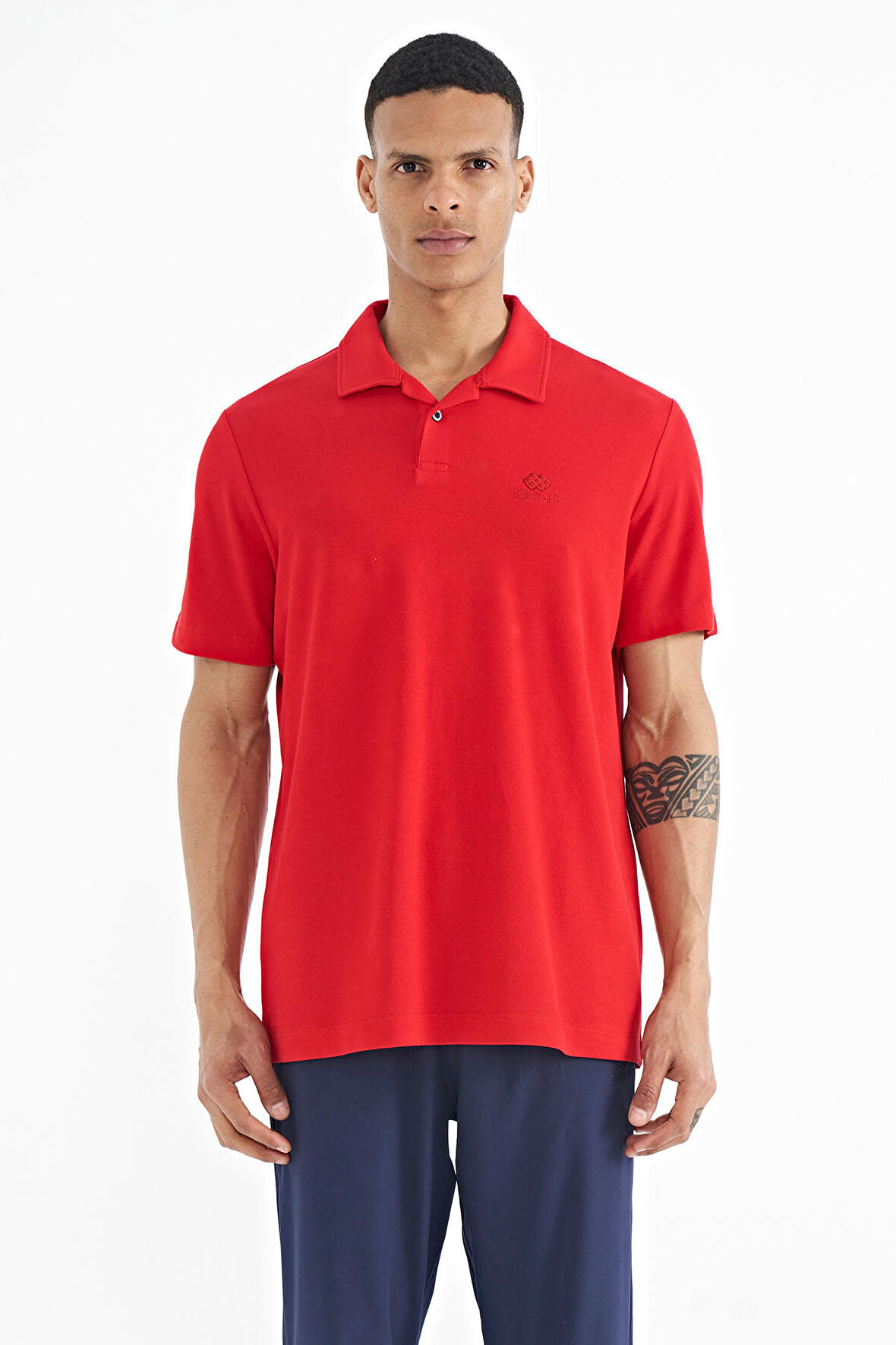 Kırmızı Polo Yaka Logo Nakışlı Standart Form Erkek T-shirt - 88237 | XL