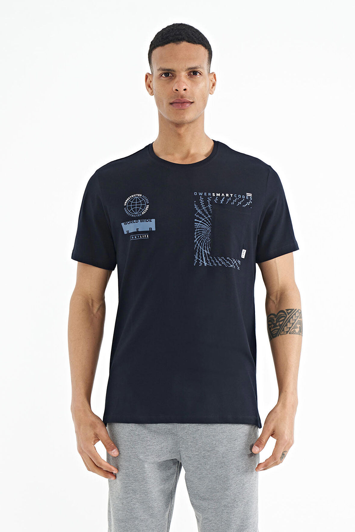 Lacivert Cep Detaylı Baskılı O Yaka Erkek T-shirt - 88184 | XXL