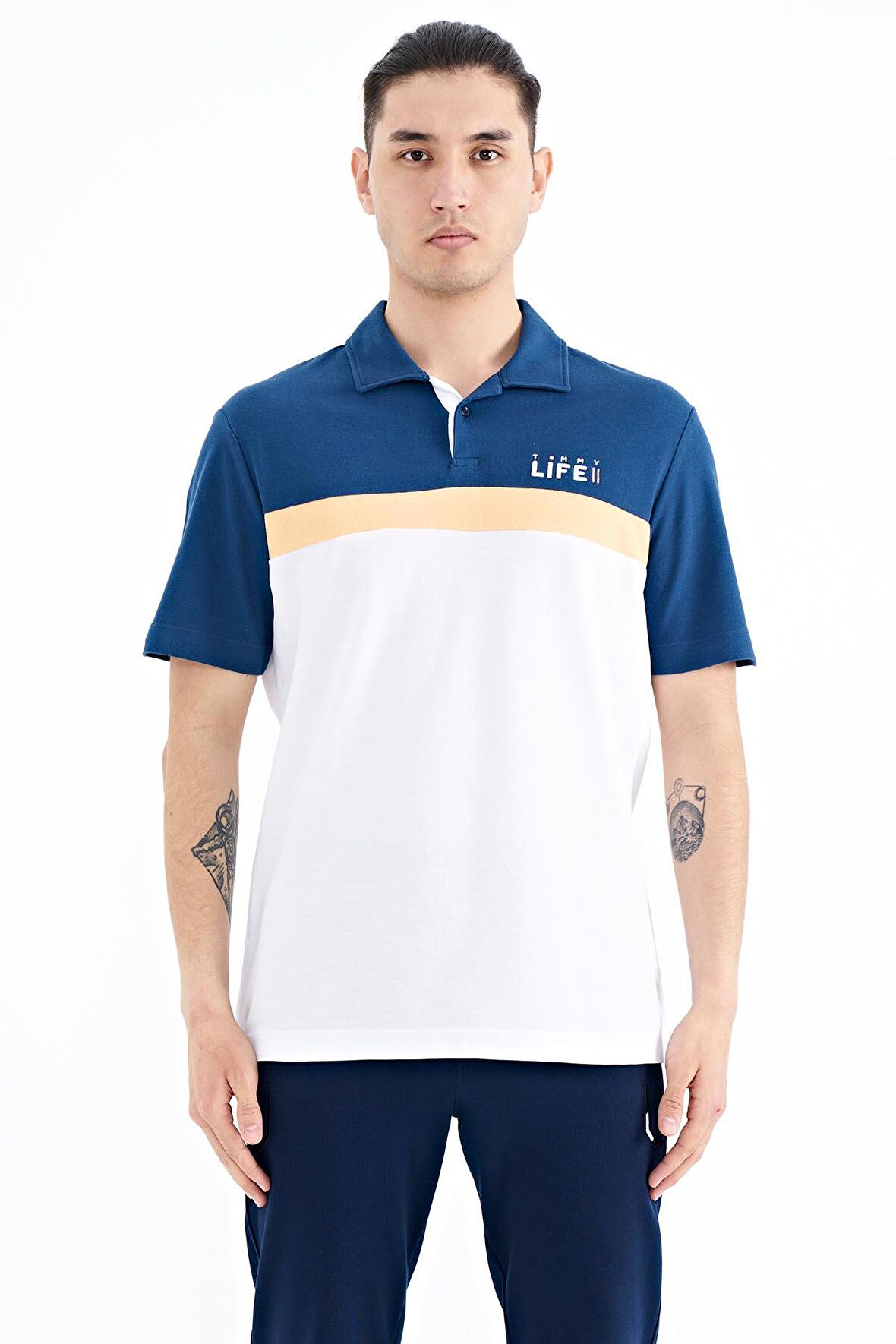 Beyaz Renk Geçişli Polo Yaka Standart Kalıp Erkek T-Shirt - 88238 | S