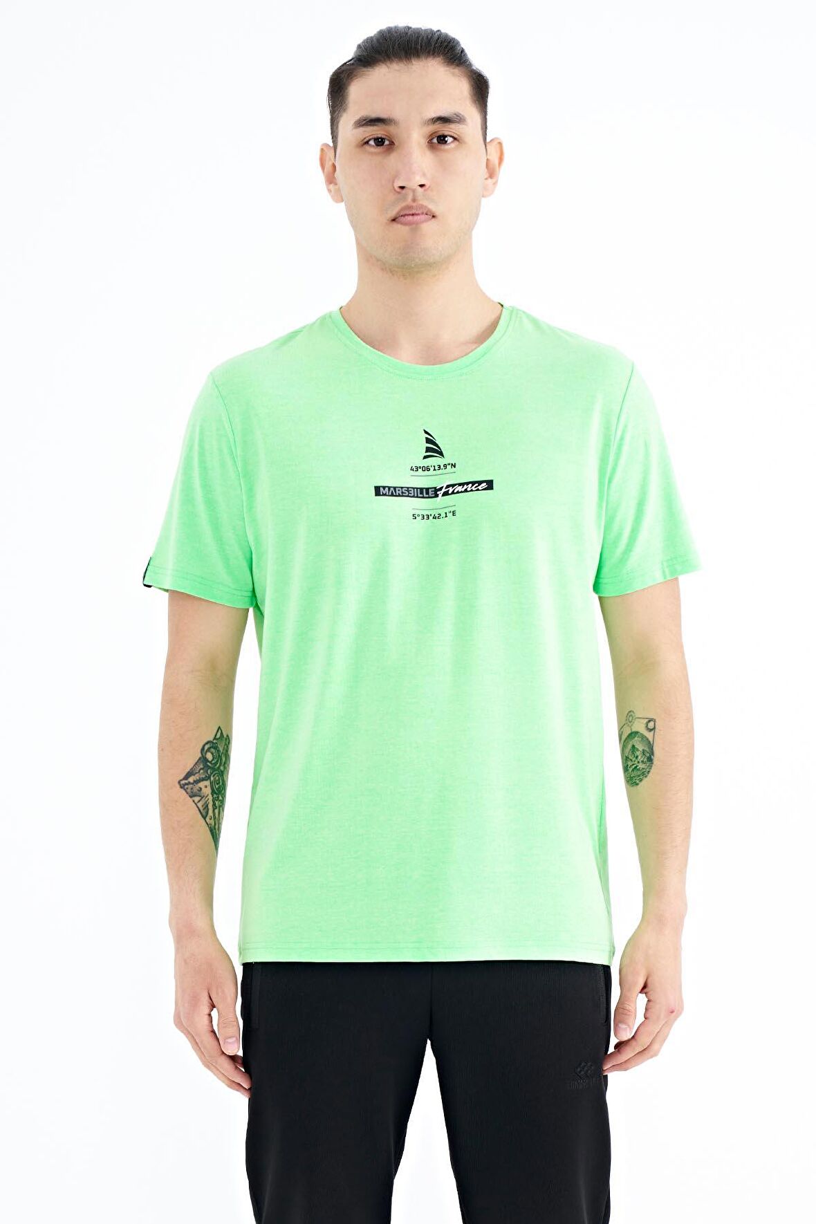 Neon Yeşil Baskılı O Yaka Standart Kalıp Erkek T-Shirt - 88212 | S