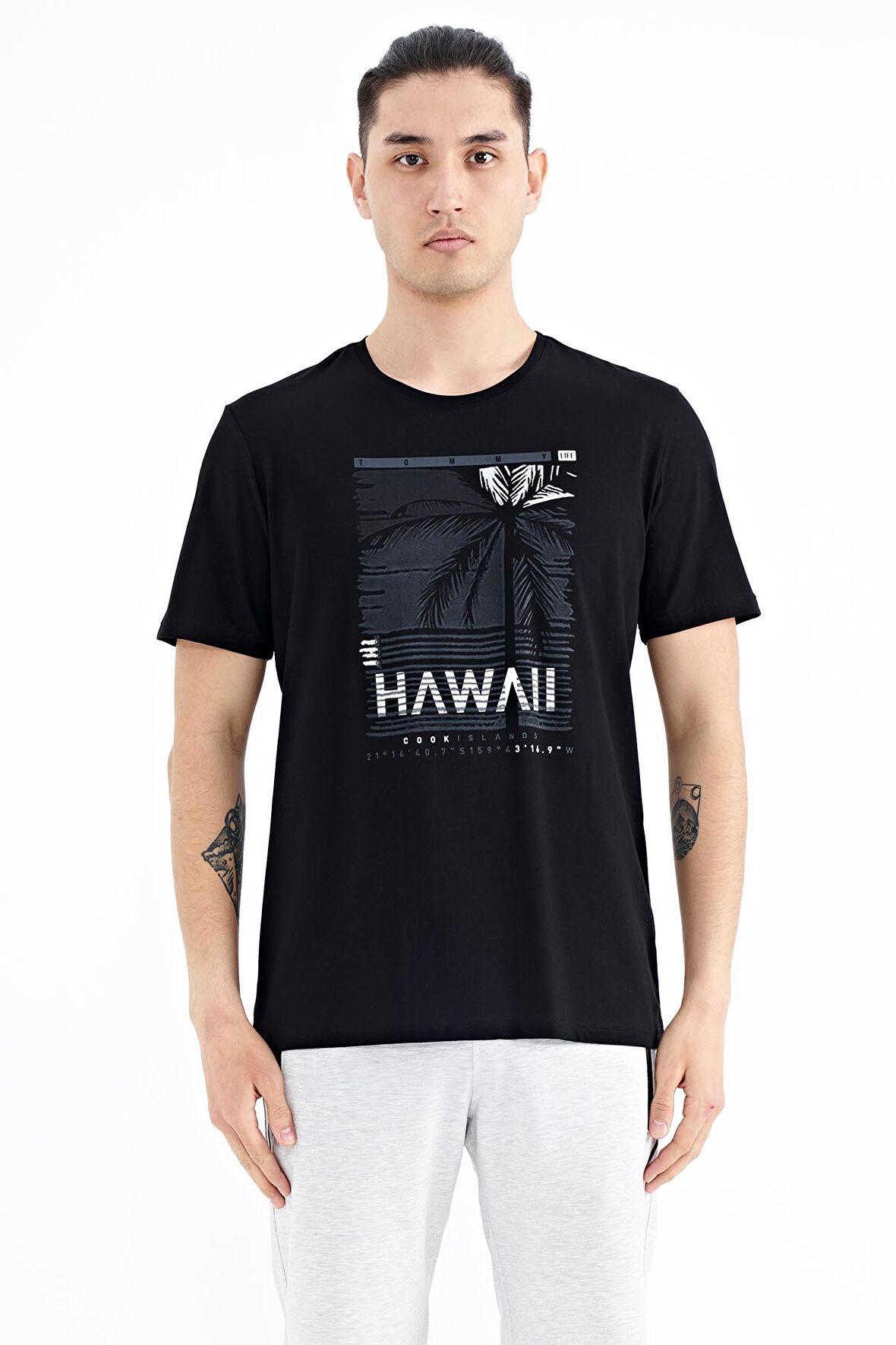 Siyah Slogan Baskılı O Yaka Standart Kalıp Erkek T-Shirt - 88190 | M