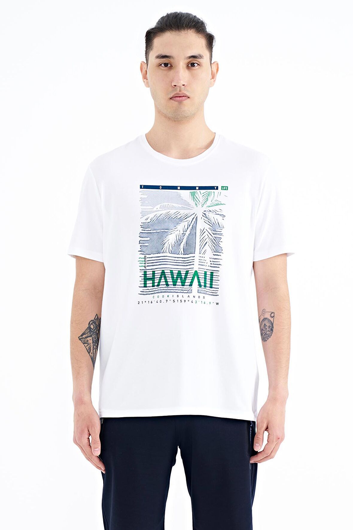 Beyaz Slogan Baskılı O Yaka Standart Kalıp Erkek T-Shirt - 88190 | XXL