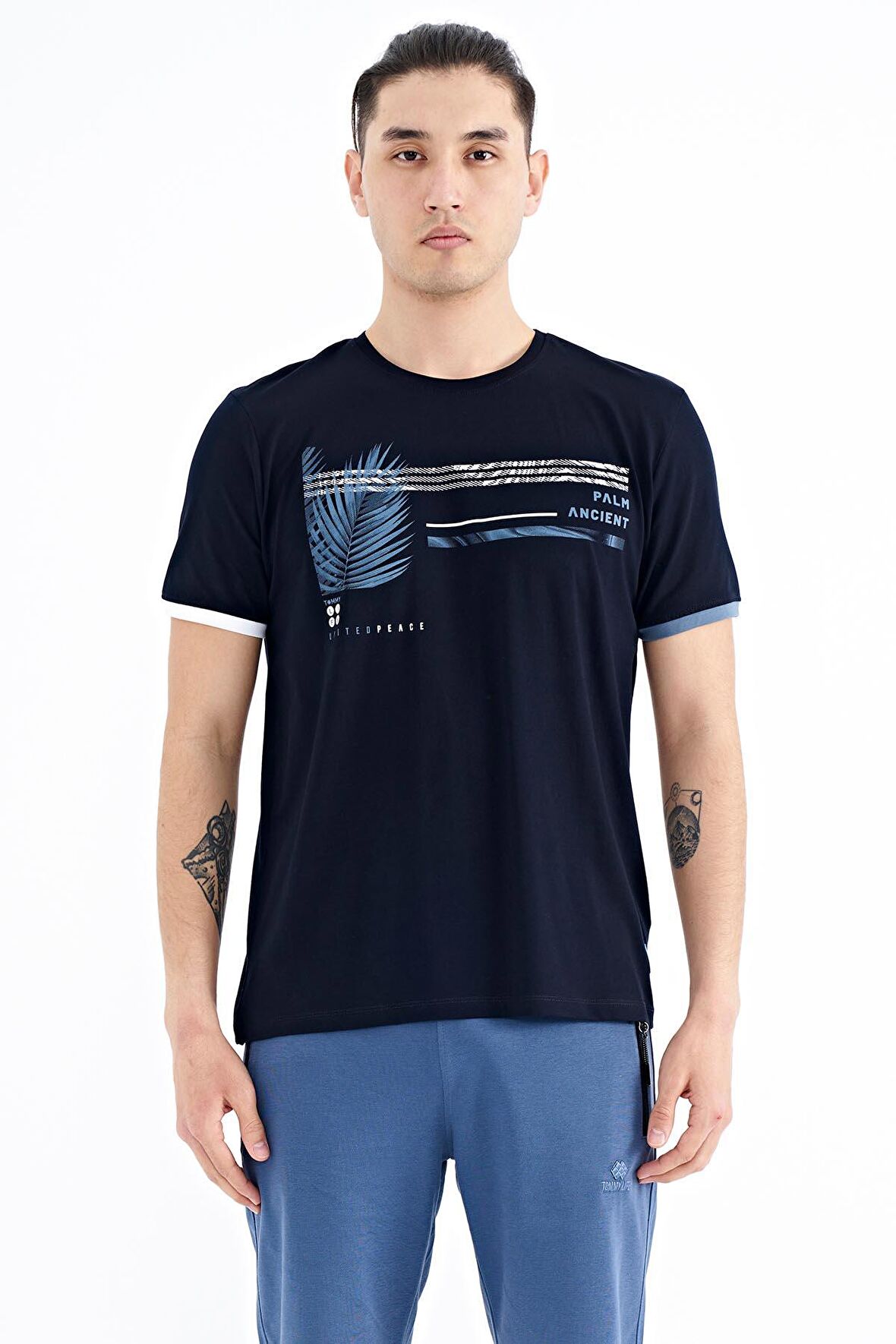 Lacivert Yazı Desen Baskılı O Yaka Standart Kalıp Erkek T-Shirt - 88183 | S