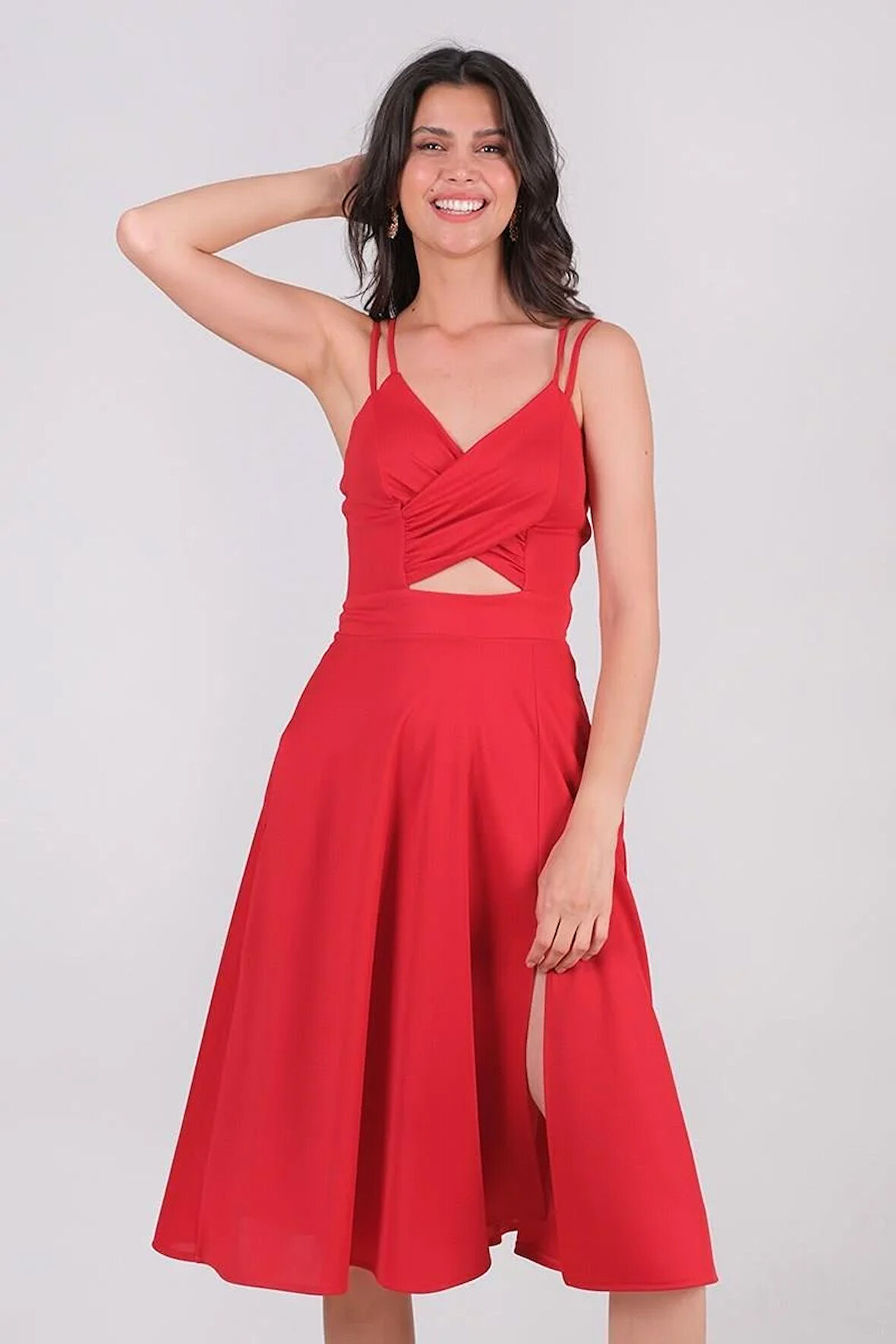 Cavallin Kruvaze Askılı Kısa Abiye Elbise KIRMIZI