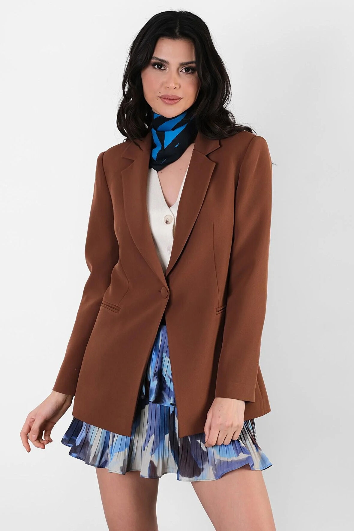 Tetterina Tek Düğme Leopar Astarlı Ceket KAHVE