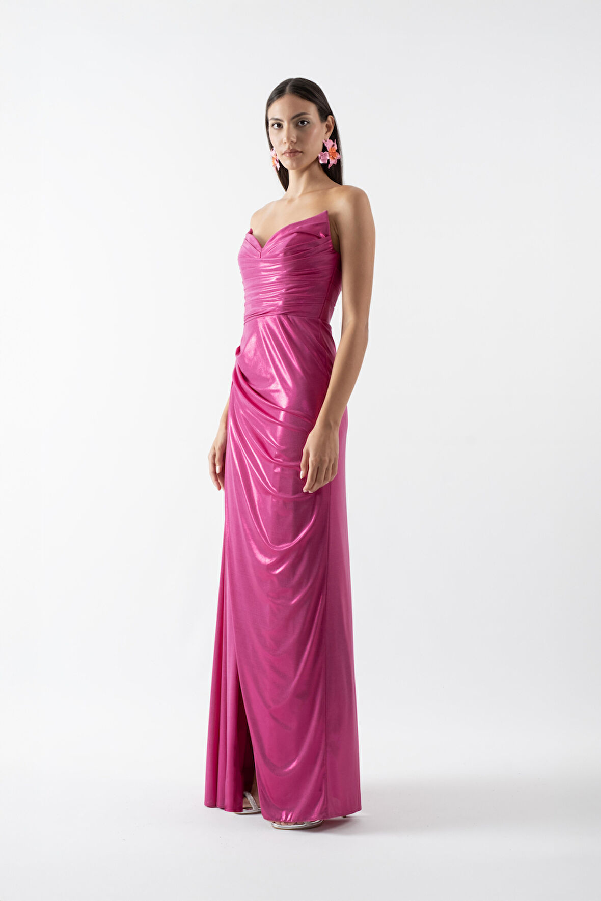 Odobella Kalp Yaka Straplez Anvelop Uzun Abiye Elbise FUŞYA