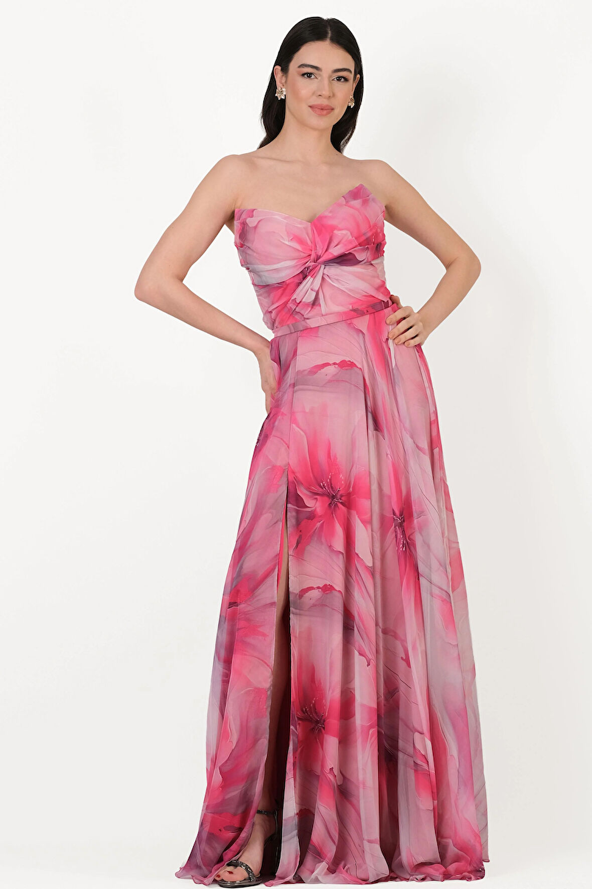 Randone Kedi Kulağı Straplez Önü Düğimlü Yırtmaçlı Uzun Abiye Elbise FUŞYA