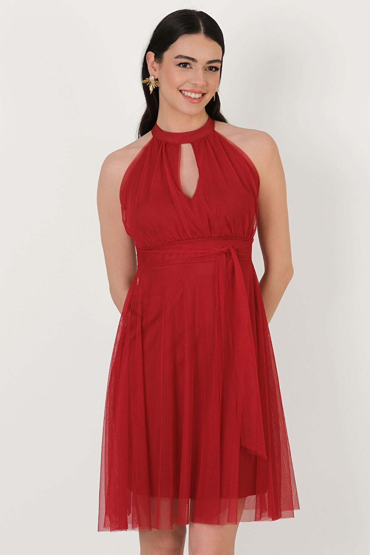 Narcisio Damla Yaka Kloş Kısa Abiye Elbise KIRMIZI