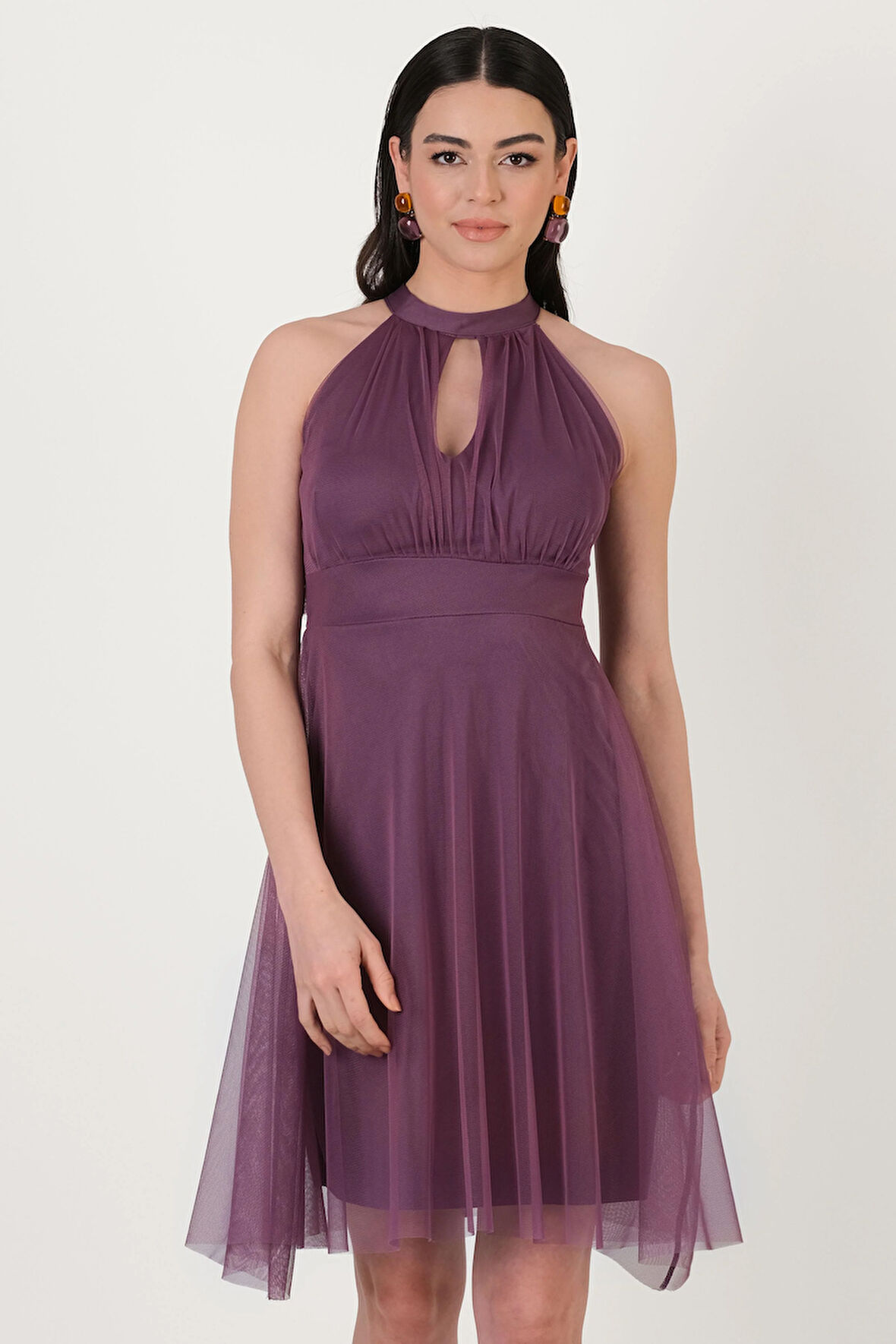 Narcisio Damla Yaka Kloş Kısa Abiye Elbise LİLA