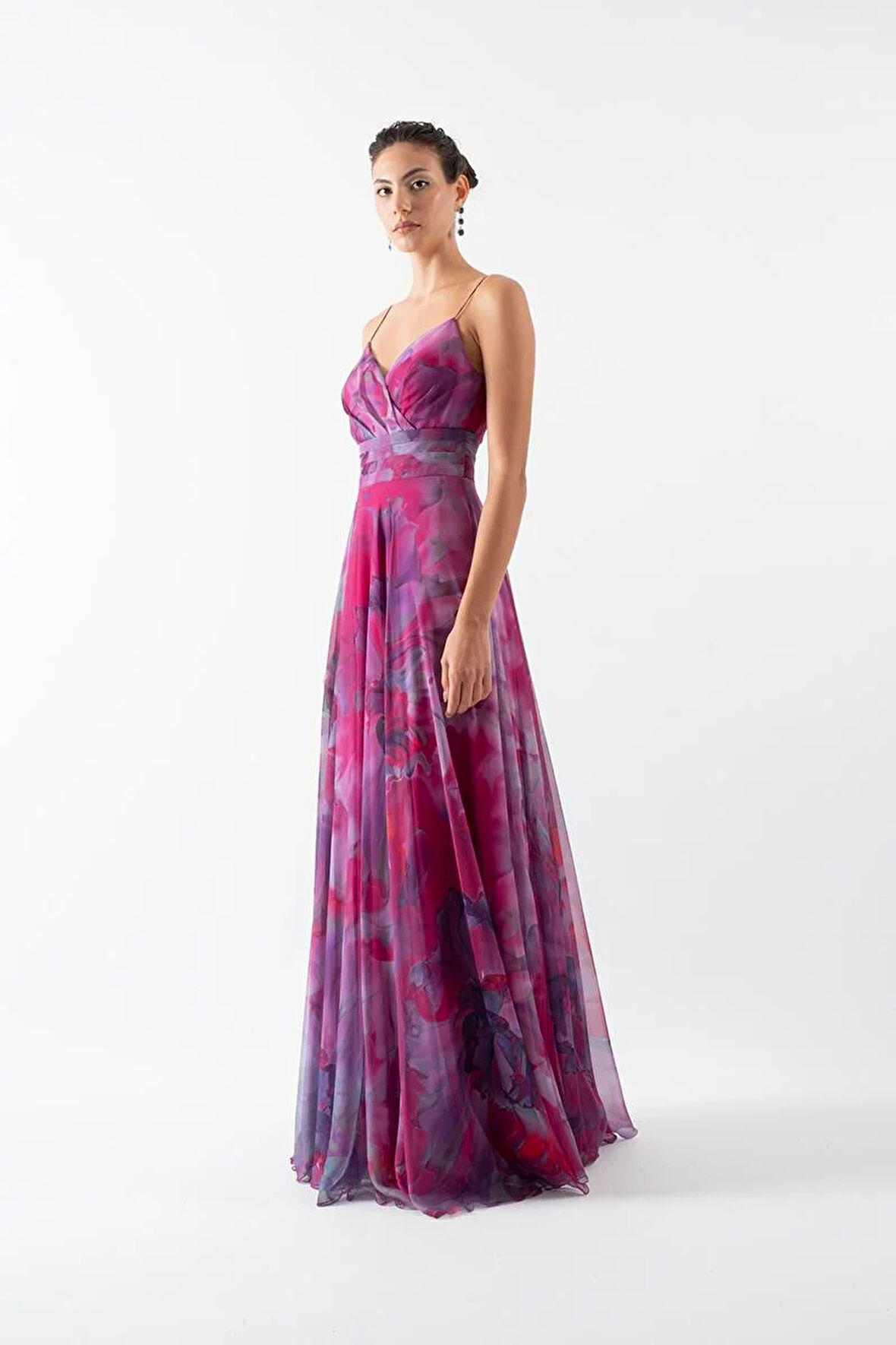 Demetrioı İnce Askılı Kruvaze Bel Drapeli Kloş Uzun Abiye Elbise FUŞYA