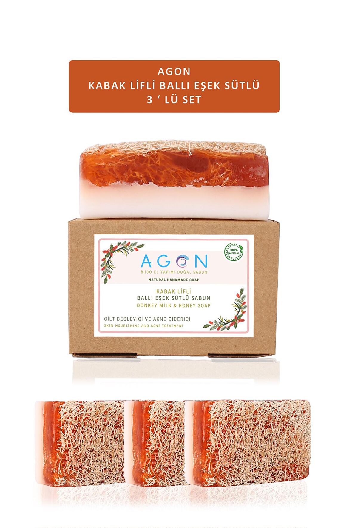 %100 El Yapımı Doğal Kabak Lifli Ballı Eşek Sütü Sabunu 3'lü Set 360 Gr