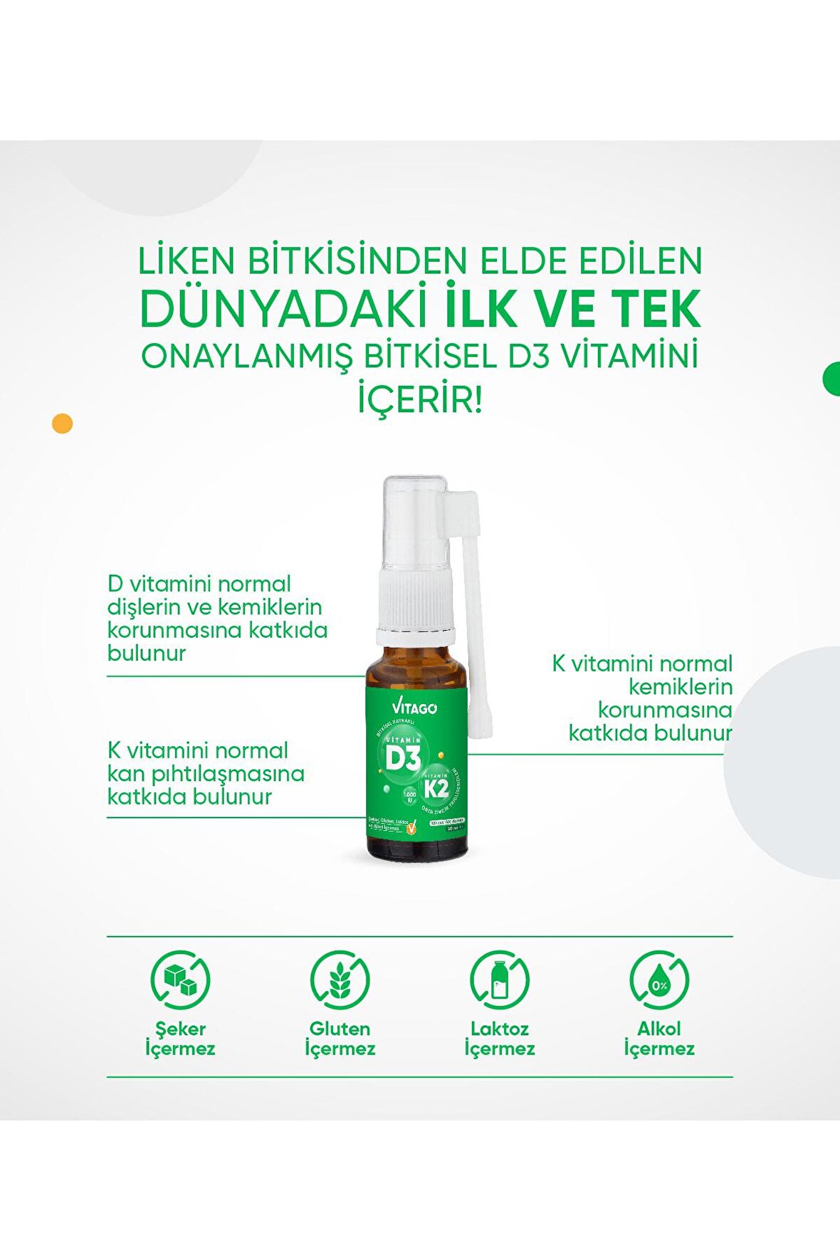 D3 Vitamini (1000 IU) + K2 Vitamini İçeren 20 ml Bitkisel Bazlı Sprey