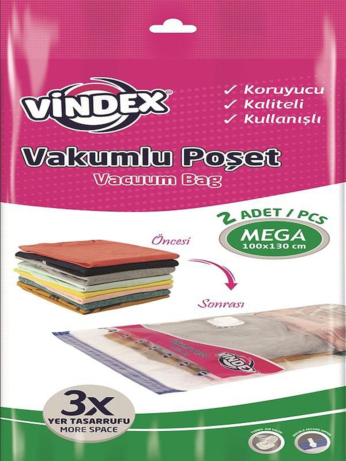 VİNDEX VAKUMLU POŞET MEGA BOY 2'Lİ 100*130 CM