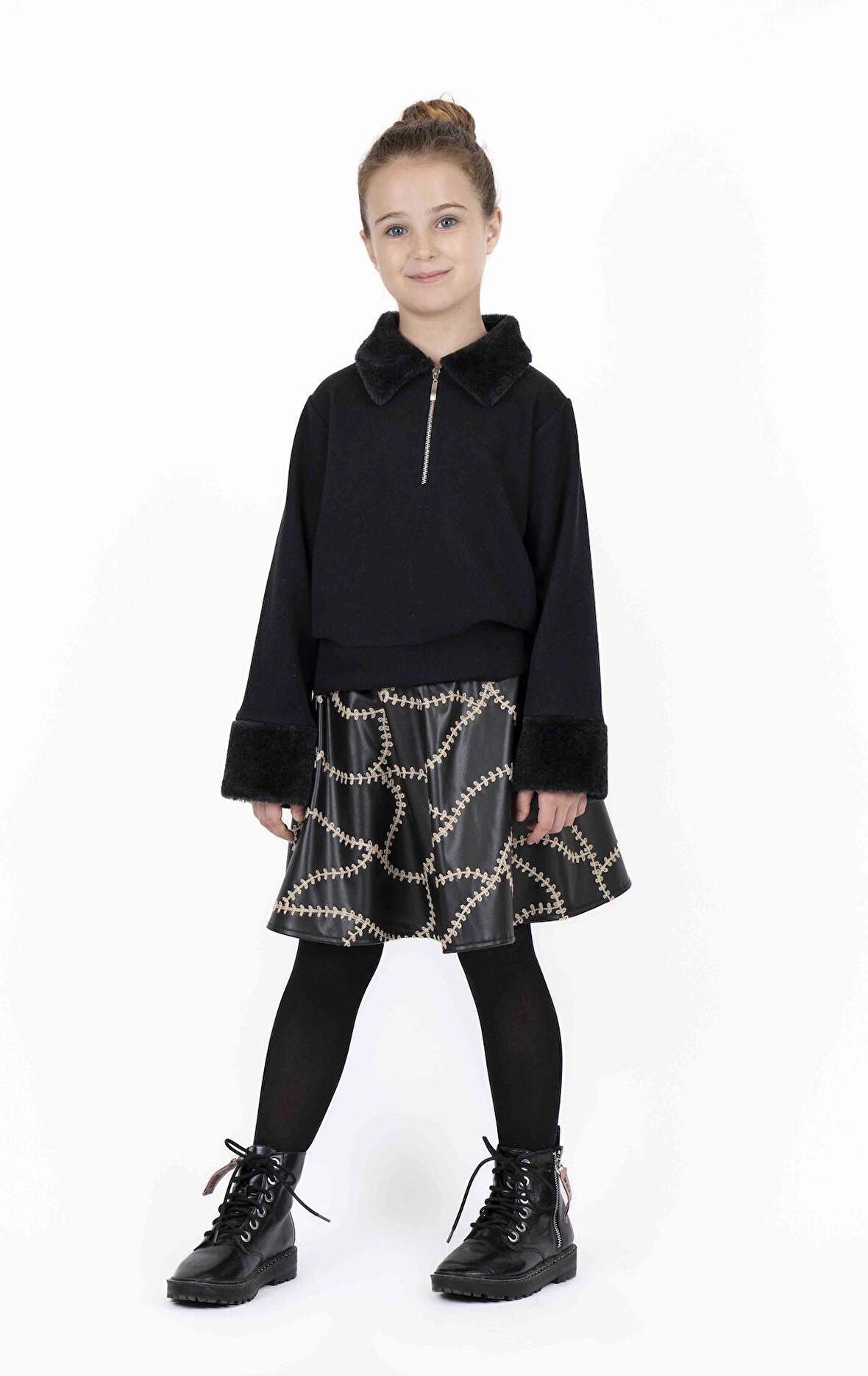 KIZ ÇOCUK DERİ İŞLEMELİ ETEK 