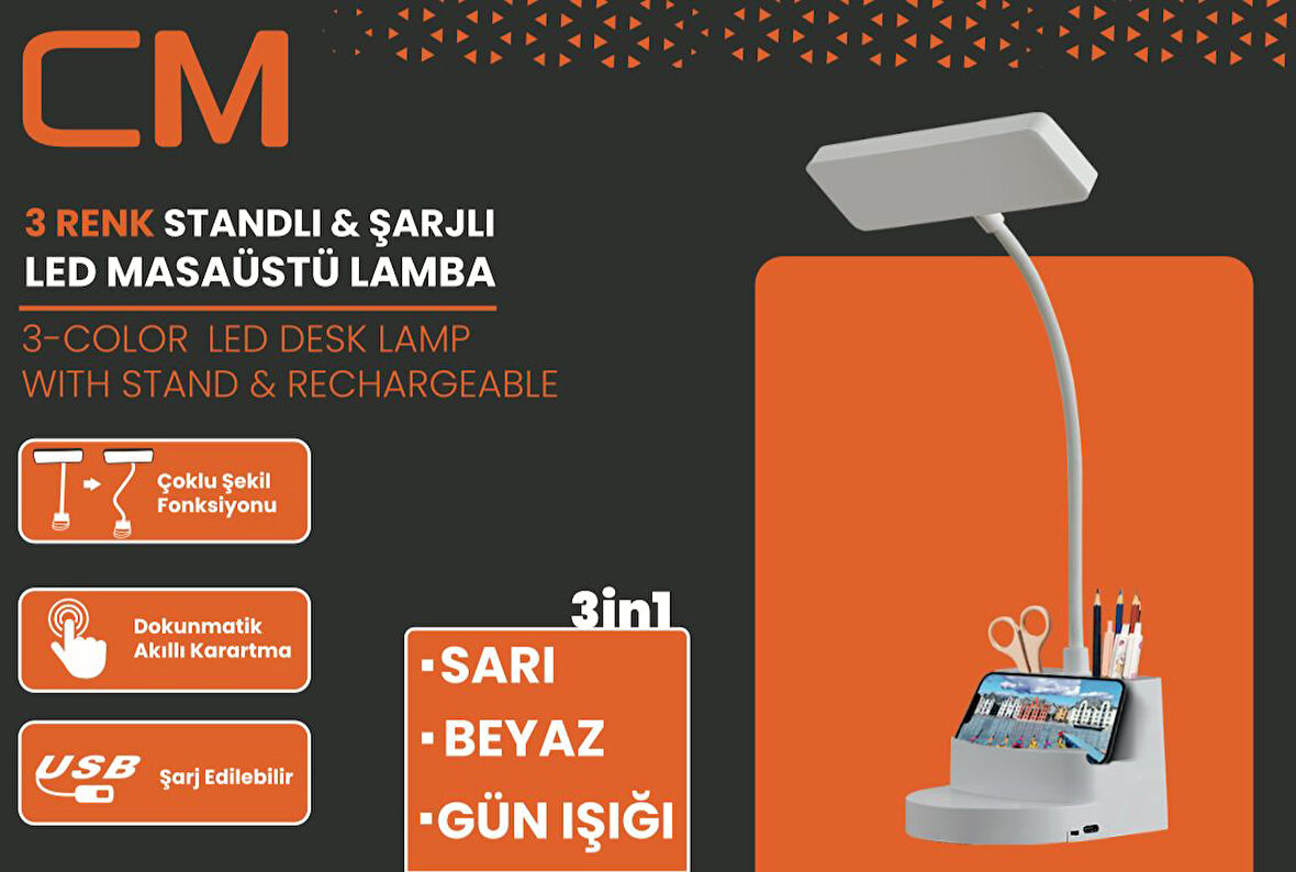 CM 3 Renkli Standlı Şarjlı Masaüstü LED Lamba Şekil Değiştirebilir Tasarım
