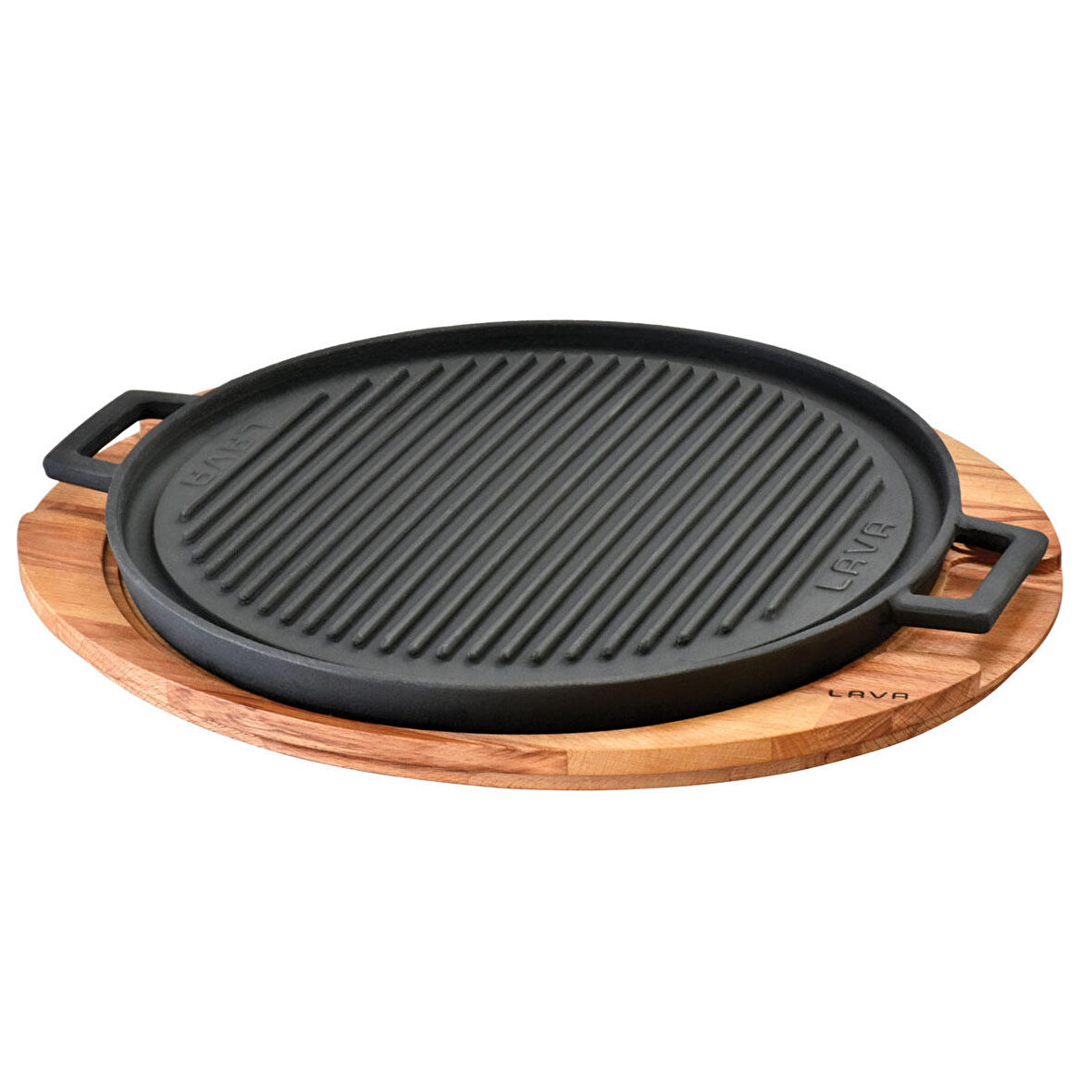 Lava Döküm Yuvarlak Çift Yön Izgara Tavası Kayın Servis Ahşabı Döküm Demir Yekpare Çift Kulplu Çap(Ø)34cm.