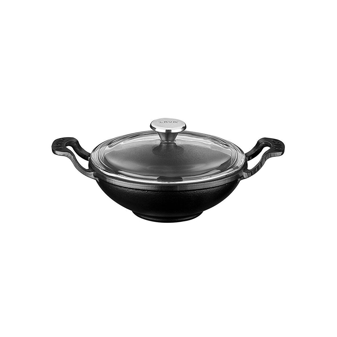 Lava Döküm Wok Tava Metal Kulplu Cam Kapaklı Çap(Ø)16cm. Siyah