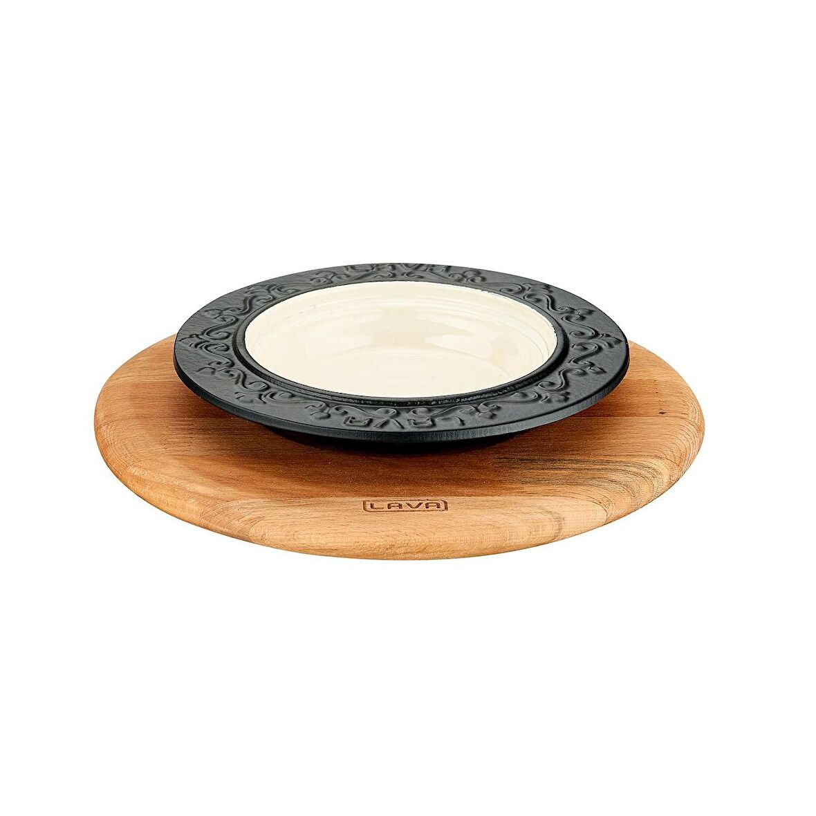 Lava Döküm Oval Döner Sos Tabağı Kayın Servis Ahşabı. İçi Sable Çap(Ø)18cm. 