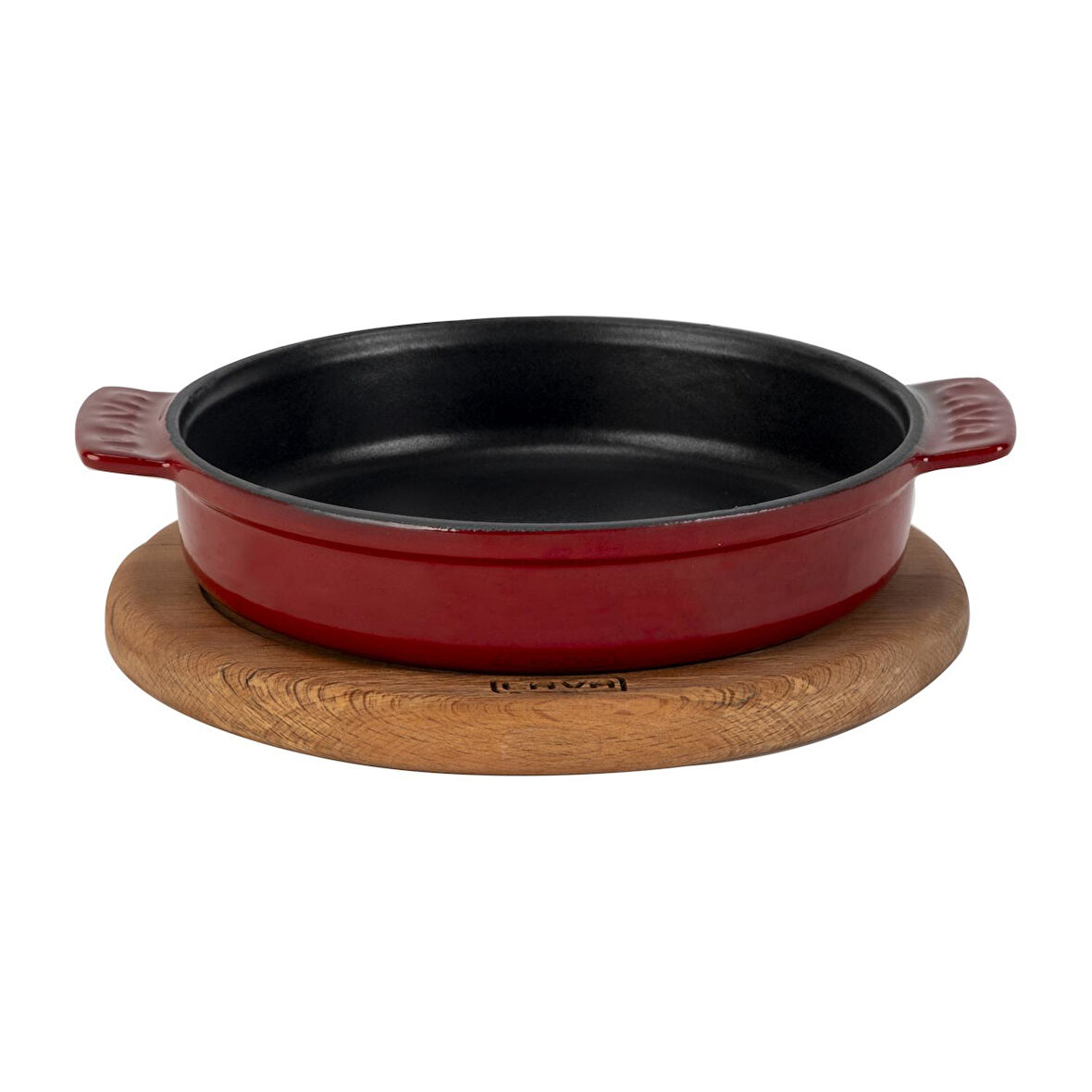 Lava Döküm Yuvarlak Güveç Kabı Döküm Demir Yekpare Çift Kulplu Kayın Servis Ahşabı Çap(Ø)17cm.-Bordo