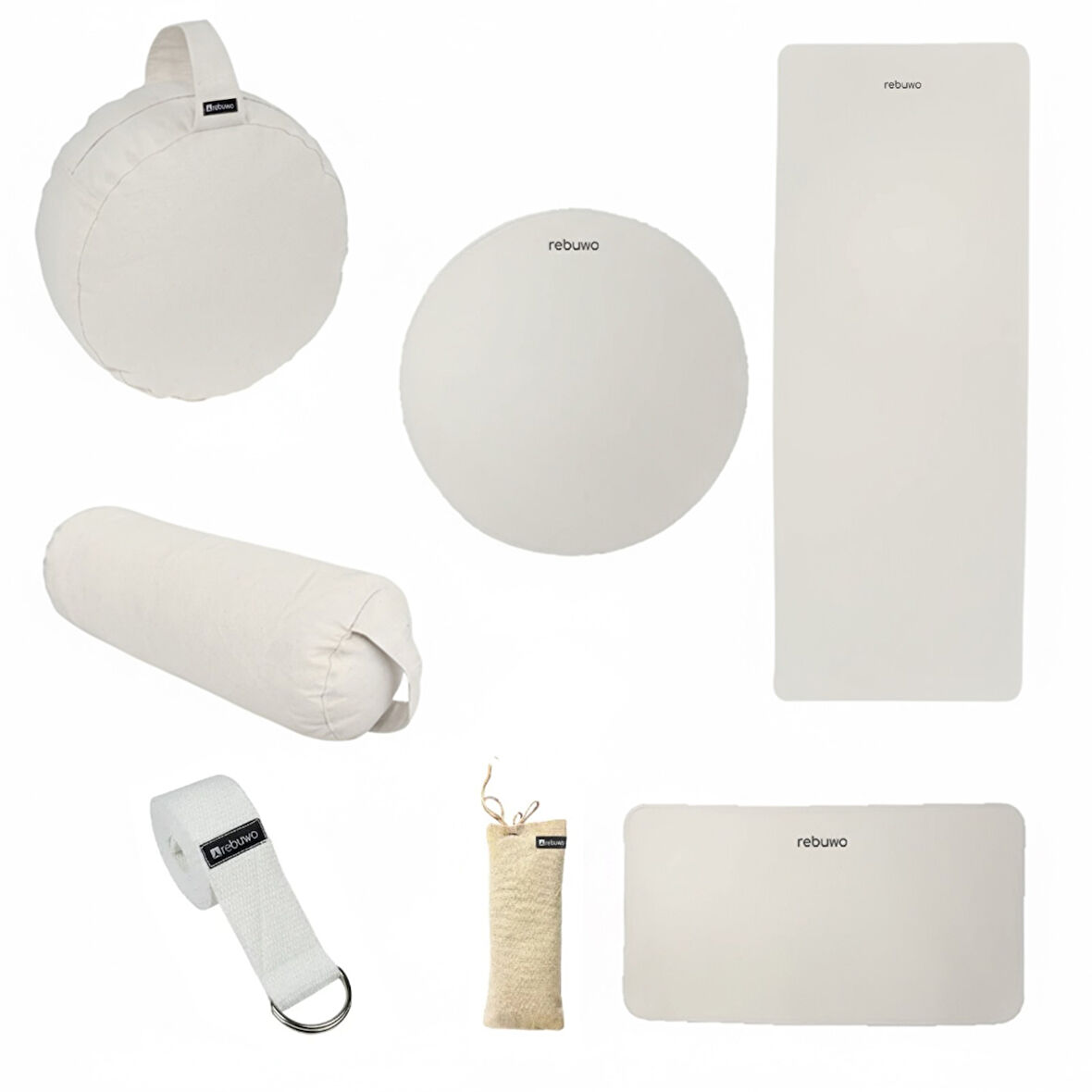 Rebuwo Hot Yoga & Meditasyon Seti – Hot Yoga Matı-Meditasyon Pedi+ Rebuwo Bej Meditasyon Minderi+Rebuwo Lavantalı Meditasyon Göz Yastığı+ Bolster ve Yoga Kemeri (Bej)