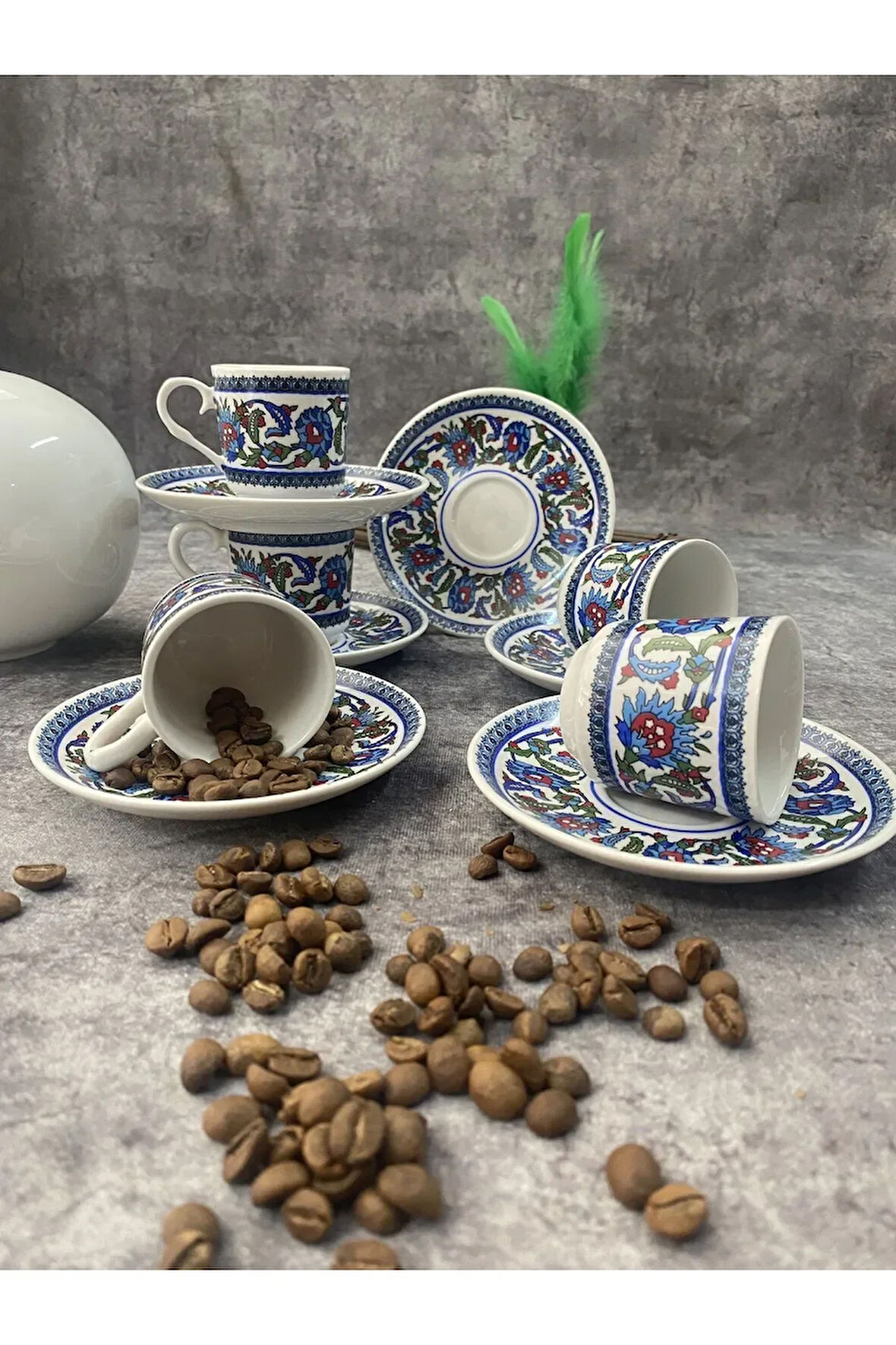 Porselen Topkapı Çini Desenli 6 Kişilik Türk Kahvesi Fincan Takımı 12 Parça