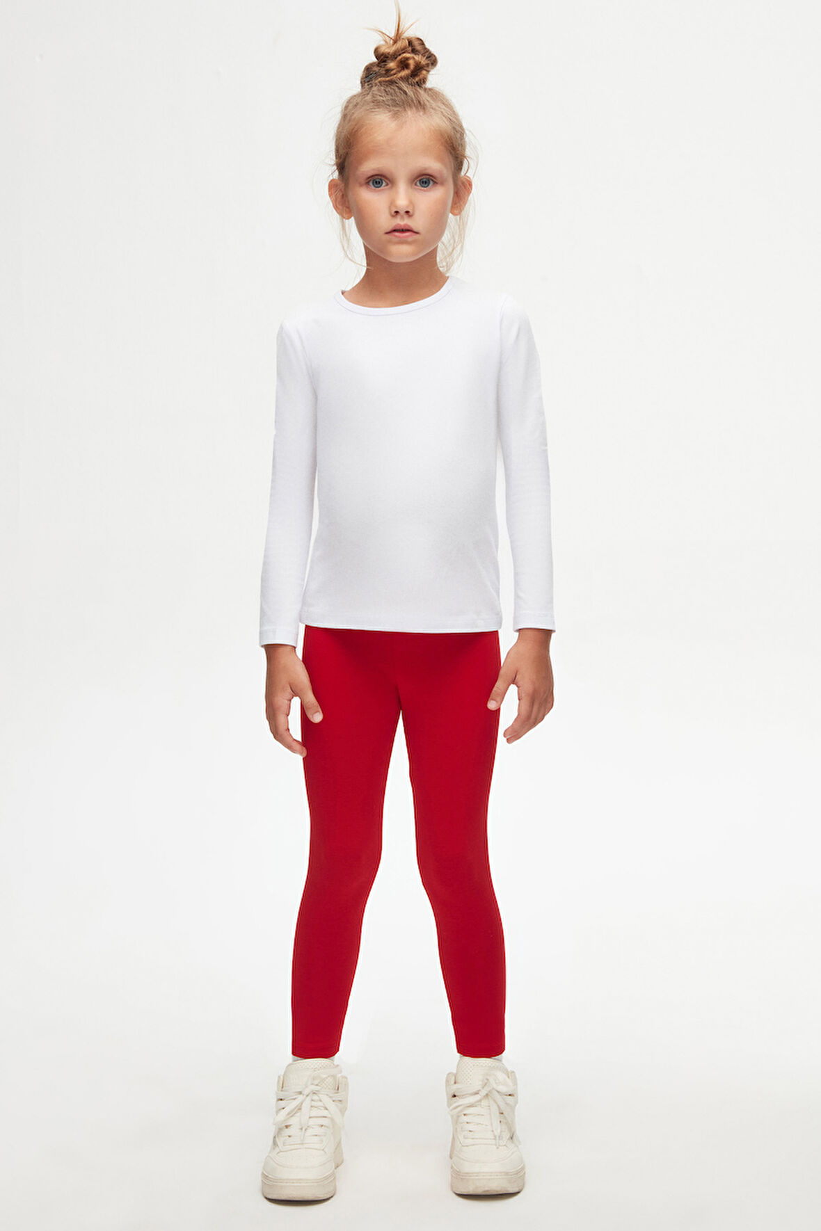 Beyaz Basic Mevsimlik Likralı Uzun Kollu Kız Çocuk Tişört