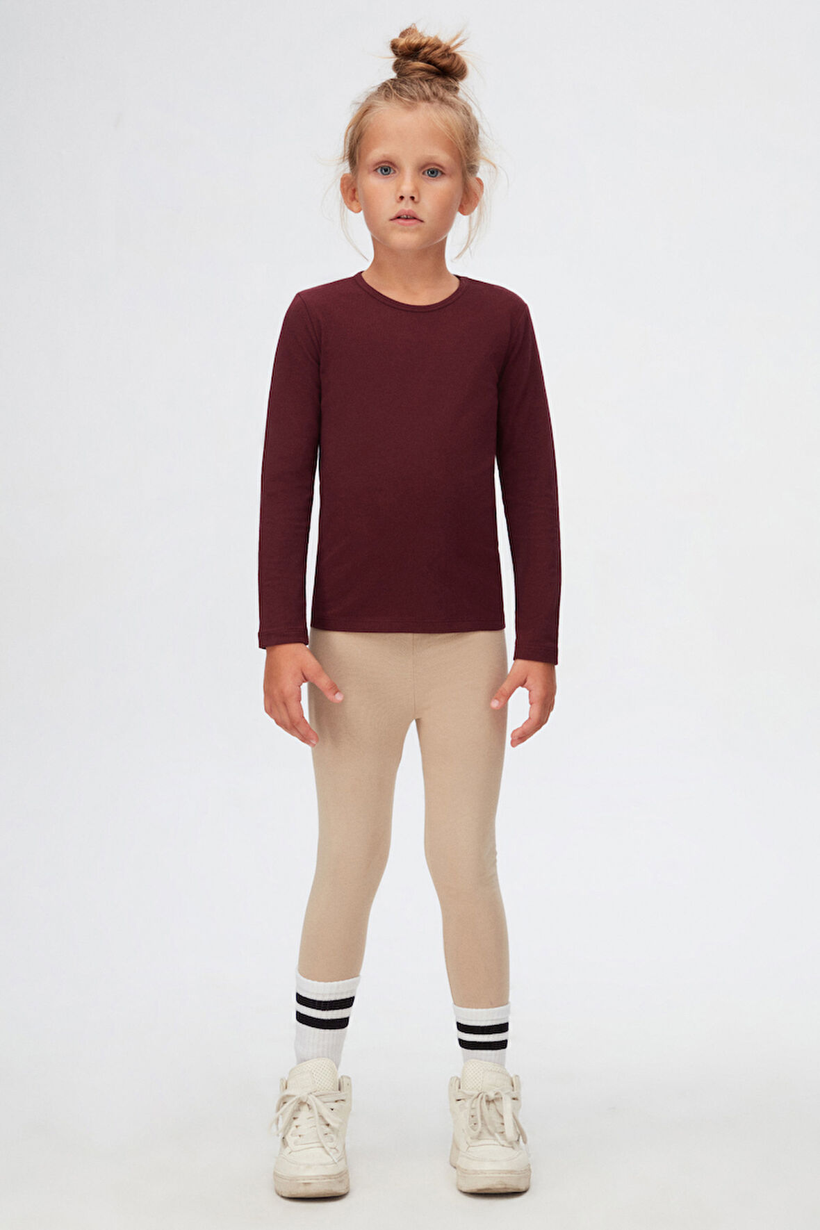 Vişne Çürüğü Kız Çocuk Düz Basıc Likralı Uzun Kol Tişört