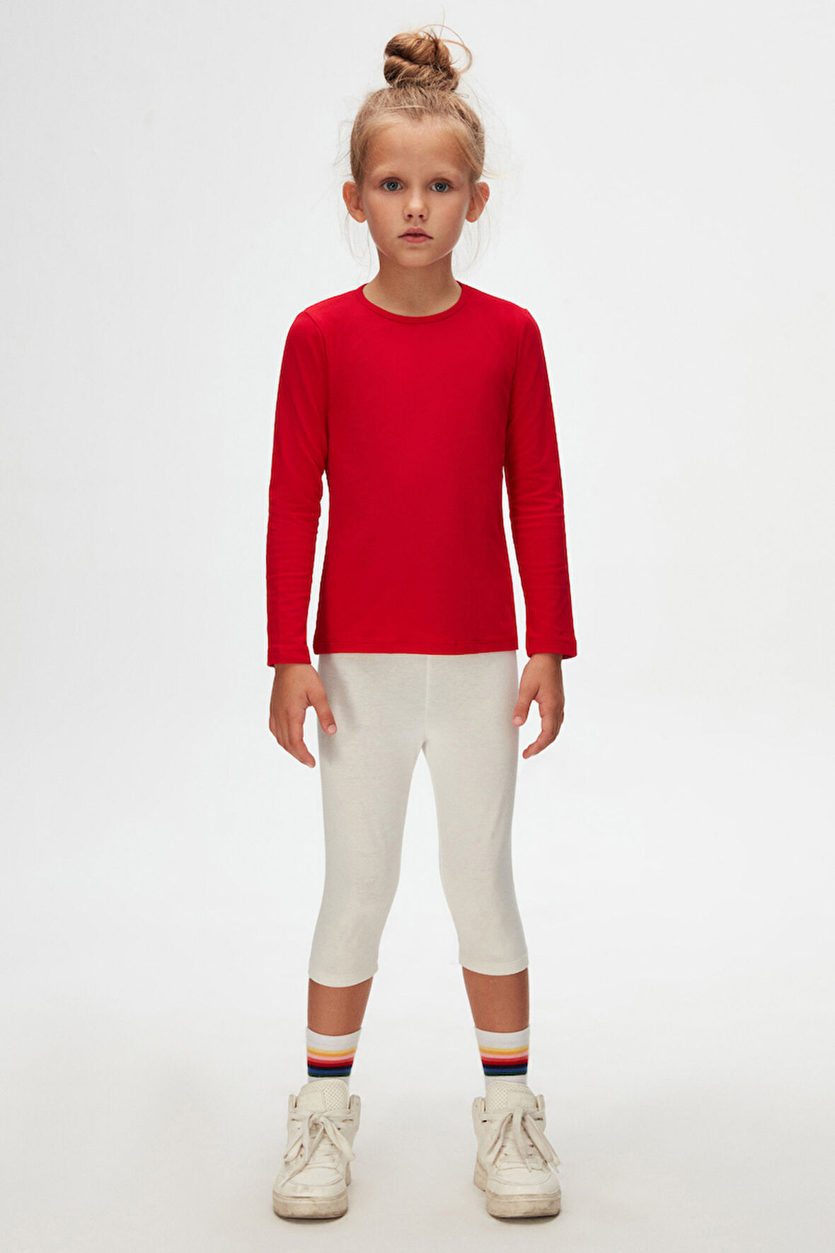 Kırmızı Basic Mevsimlik Likralı Uzun Kollu Kız Çocuk Tişört