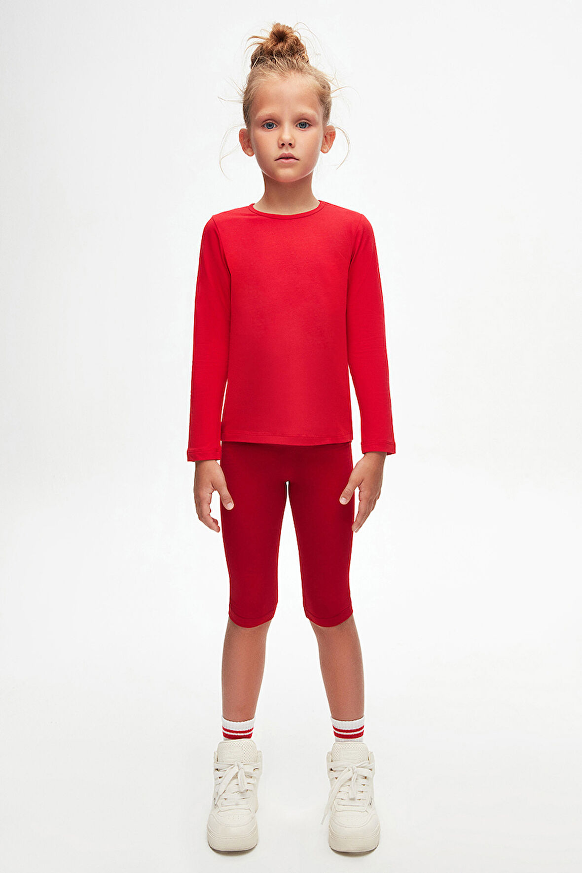 Açık Kırmızı Basic Mevsimlik Likralı Uzun Kollu Kız Çocuk Tişört