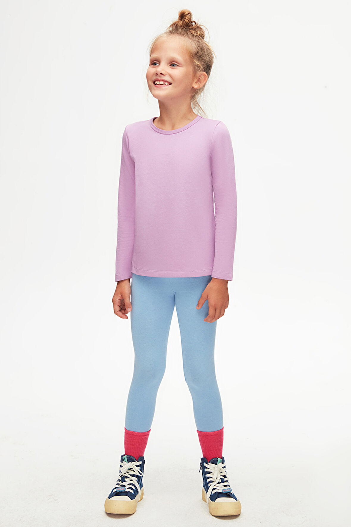 Lila Basic Mevsimlik Likralı Uzun Kollu Kız Çocuk Tişört