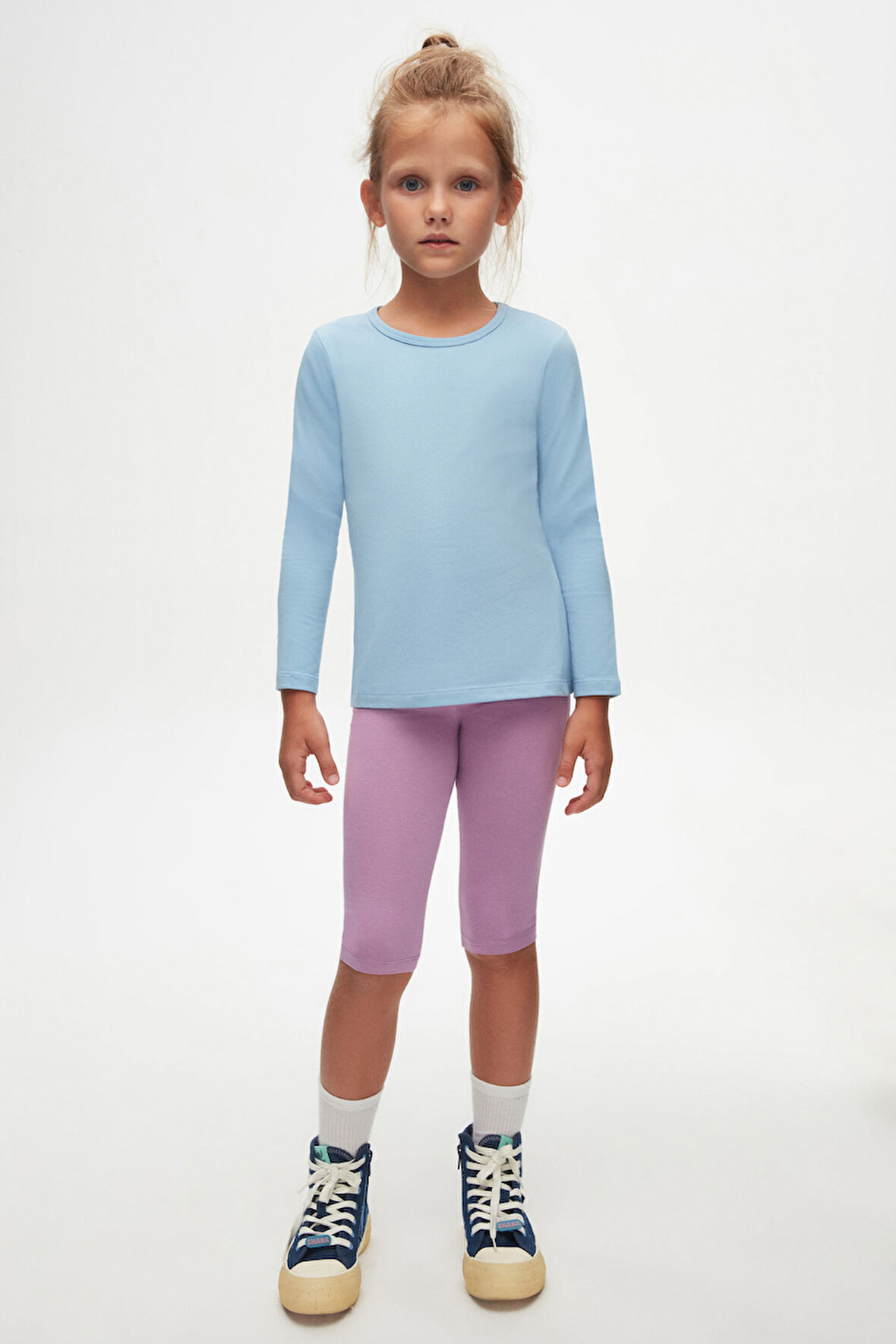 Koyu Mavi Basic Mevsimlik Likralı Uzun Kollu Kız Çocuk Tişört