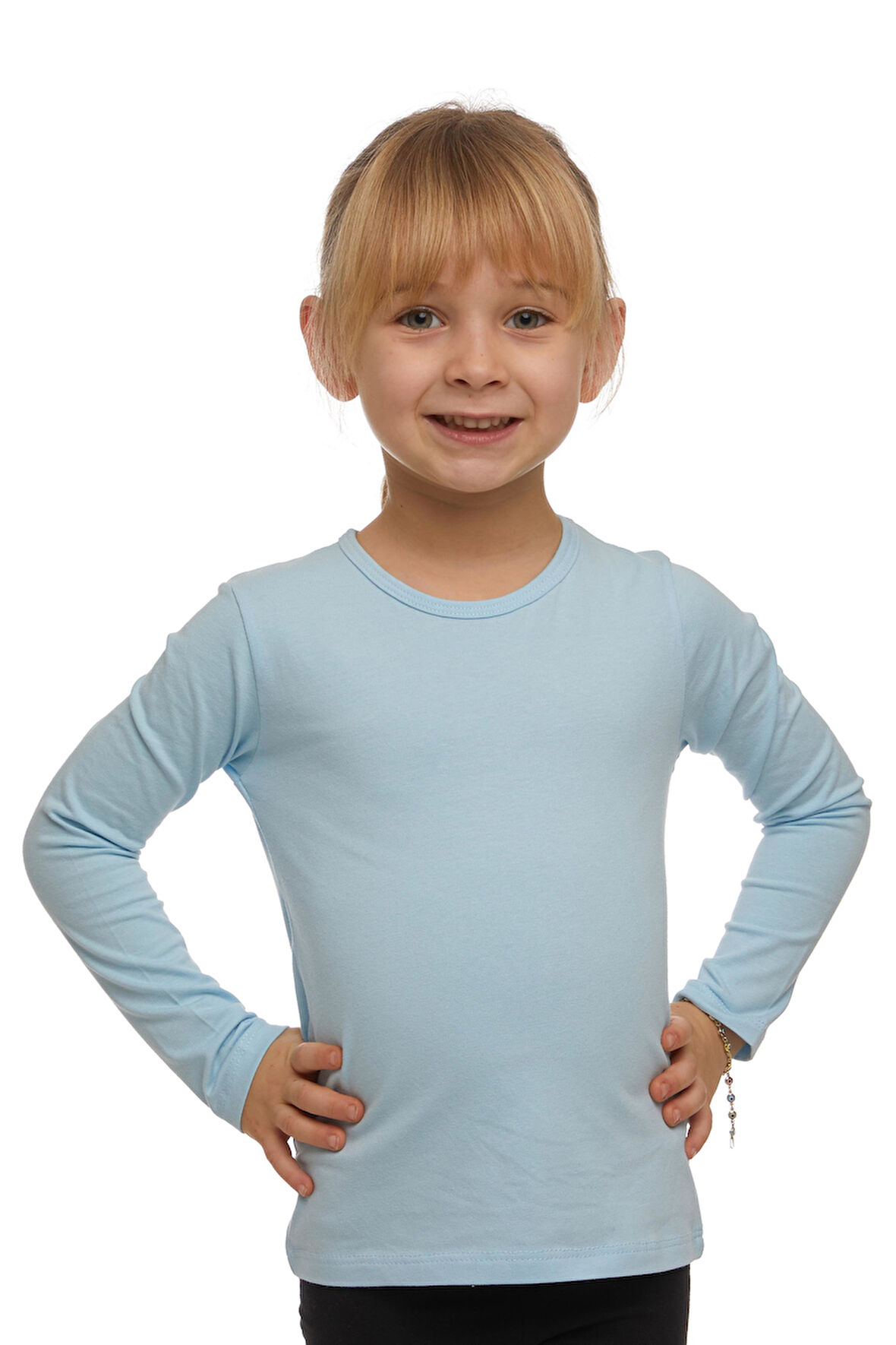 Bebek Mavisi Basic Mevsimlik Likralı Uzun Kollu Kız Çocuk Tişört