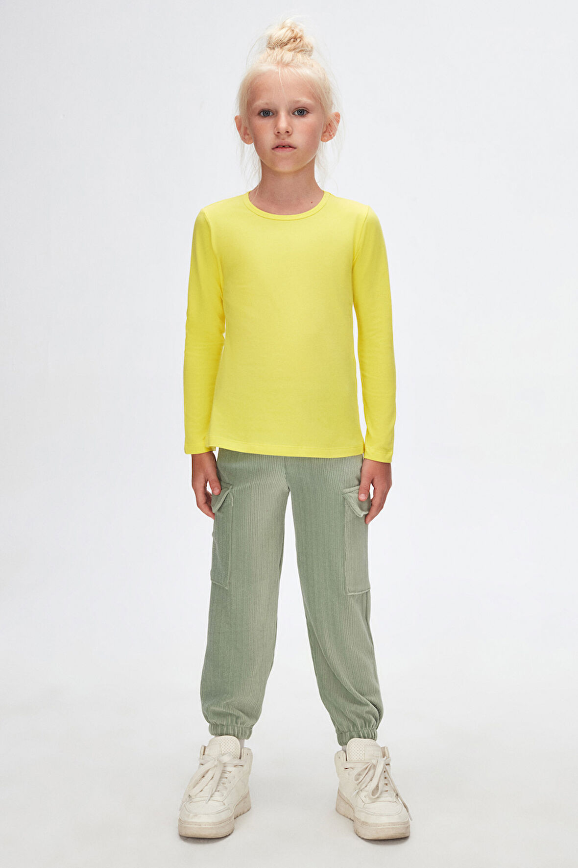 Fosforlu Sarı Basic Mevsimlik Likralı Uzun Kollu Kız Çocuk Tişört