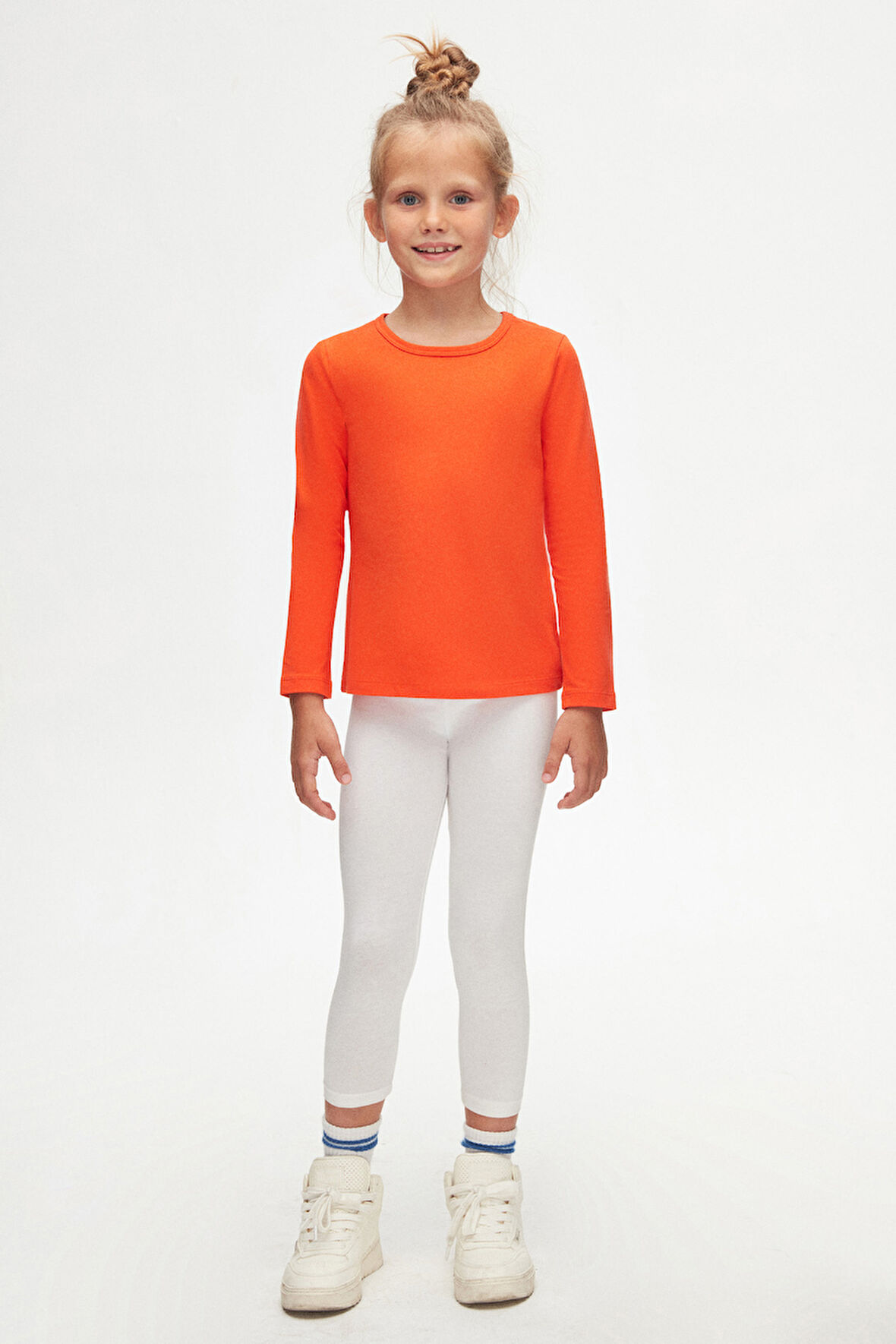 Turuncu Basic Mevsimlik Likralı Uzun Kollu Kız Çocuk Tişört