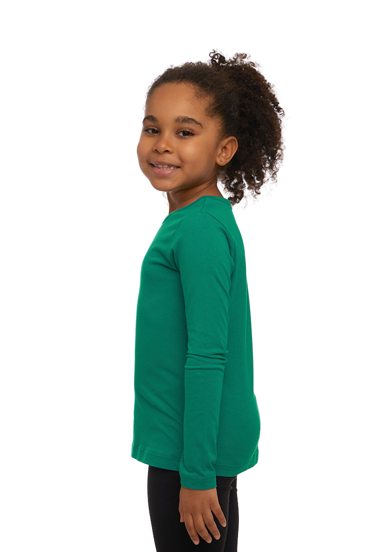 Koyu Yeşil Basic Mevsimlik Likralı Uzun Kollu Kız Çocuk Tişört