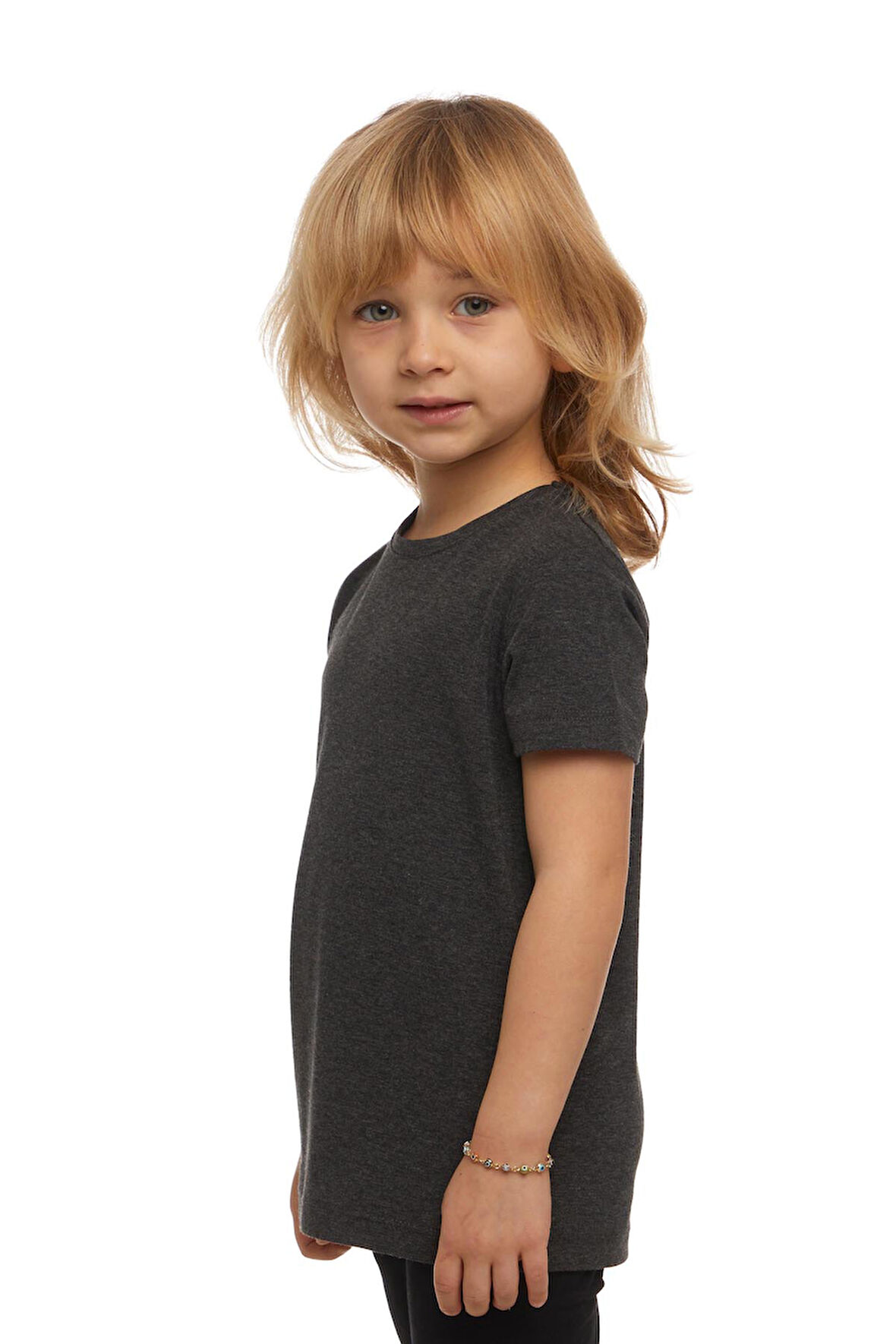 Antrasit Basic Unisex Çocuk Sıfır Yaka Kısa Kollu Tişört