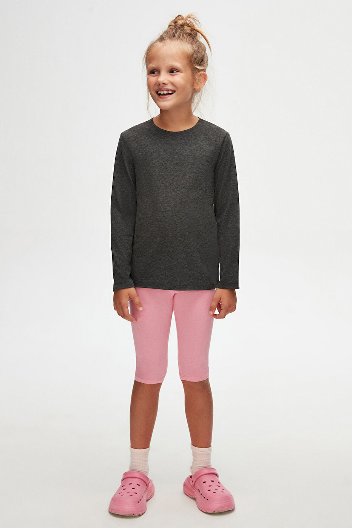 Antrasit Basic Unisex Çocuk Mevsimlik Sıfır Yaka Uzun Kollu Tişört