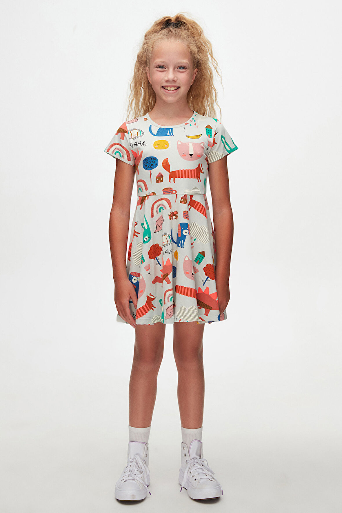Roaring Animals Kız Çocuk Desenli Kısa Kollu Elbise