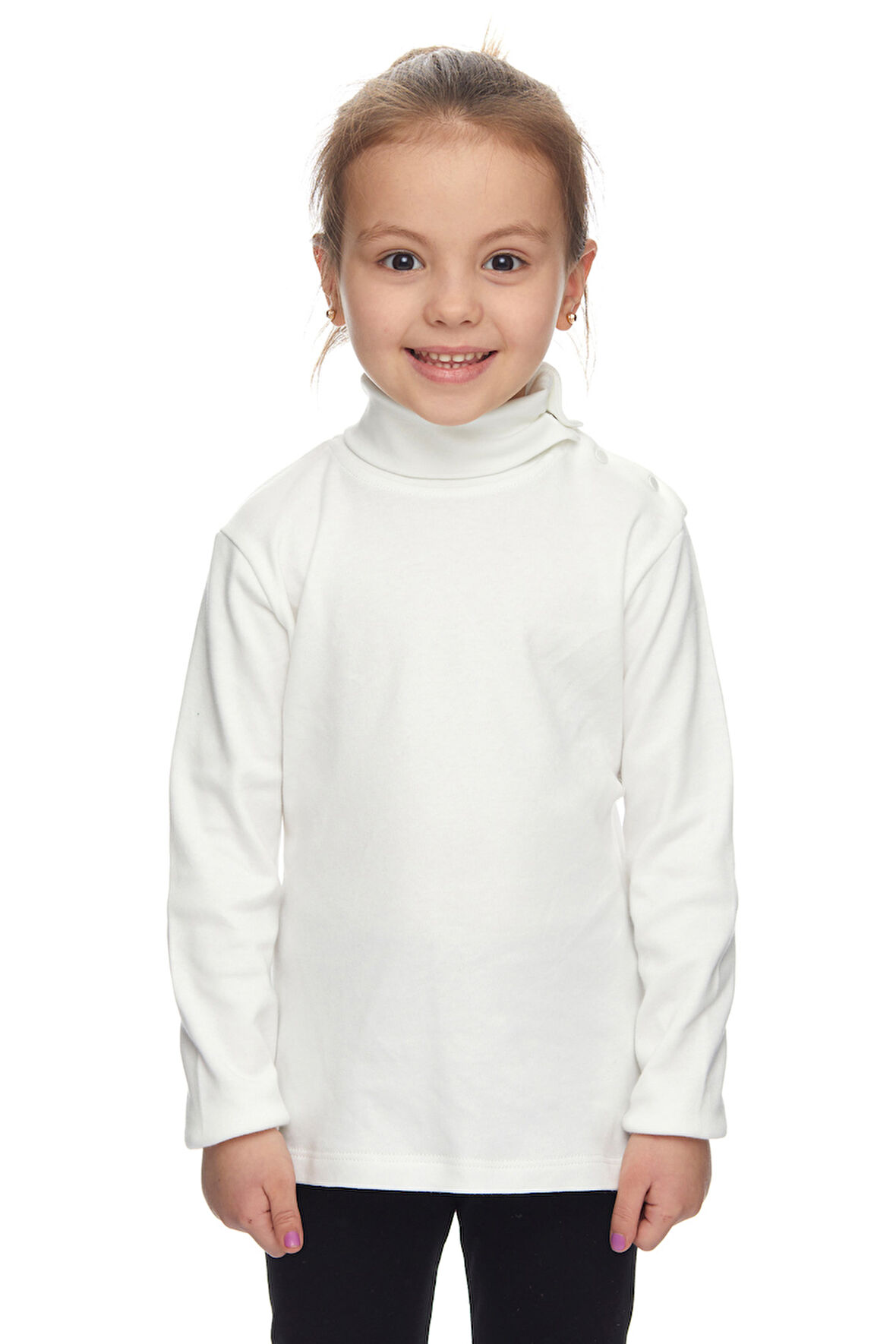 Ekru Basic Kız Çocuk Çıtçıtlı Tam Balıkçı Yaka Şardonlu Kışlık Uzun Kollu Tişört