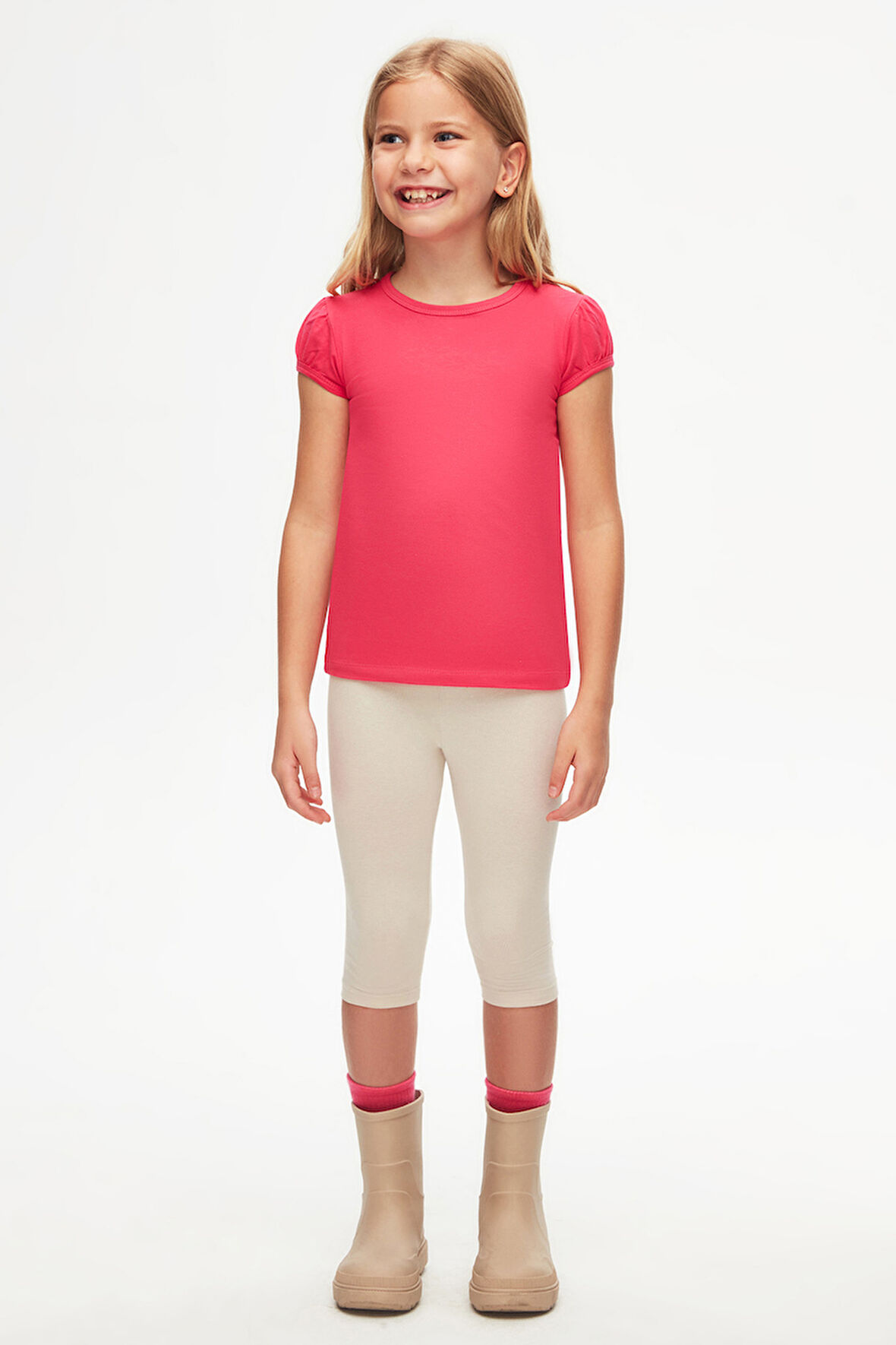 Fuşya Basic Kız Çocuk Sıfır Yaka Karpuz Kol Tişört