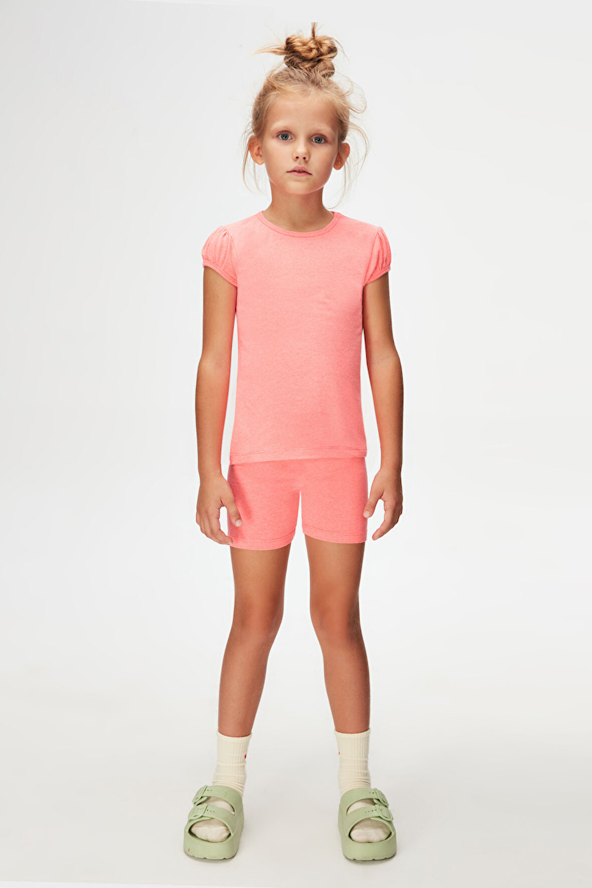 Fosfor Fuşya Basic Kız Çocuk Sıfır Yaka Karpuz Kol Tişört