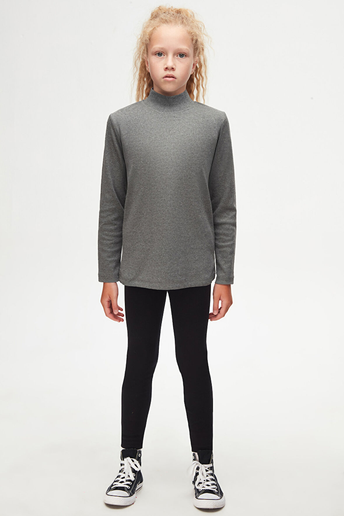 Buz Gri Basic Kışlık Yarım Balıkçı Yaka Uzun Kollu Kız Çocuk Tişört