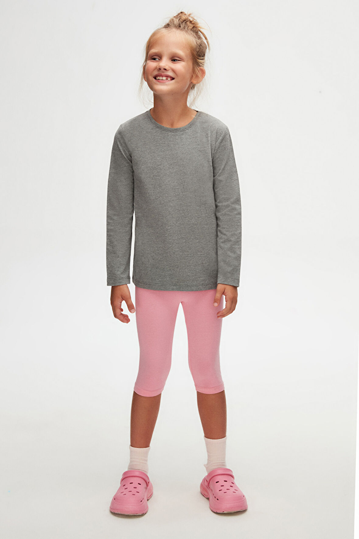 Buz Gri Basic Unisex Çocuk Mevsimlik Sıfır Yaka Uzun Kollu Tişört