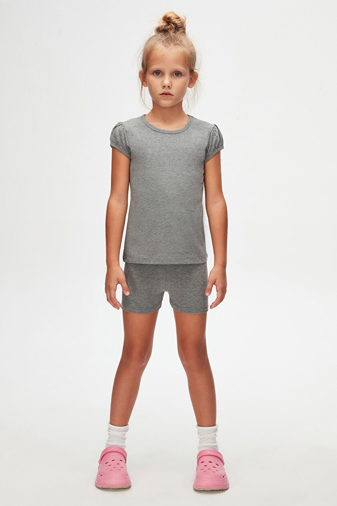 Buz Gri Basic Kız Çocuk Sıfır Yaka Karpuz Kol Tişört