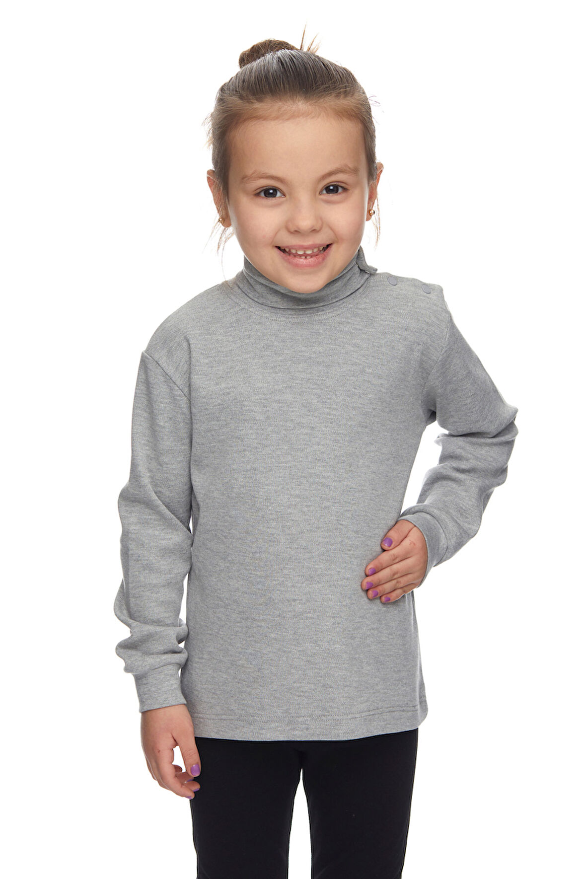 Açık Gri Basic Kız Çocuk Çıtçıtlı Tam Balıkçı Yaka Şardonlu Kışlık Uzun Kollu Tişört